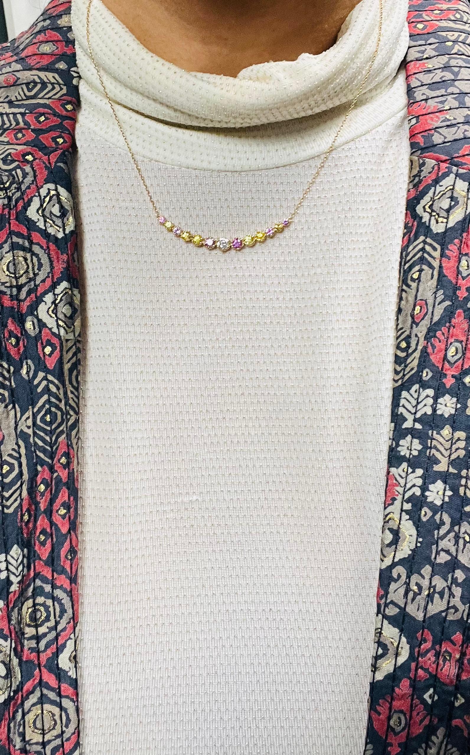 Pink Sapphire Yellow Sapphire Diamond 14 Karat Yellow Gold Chain Bar Necklace For Sale 2