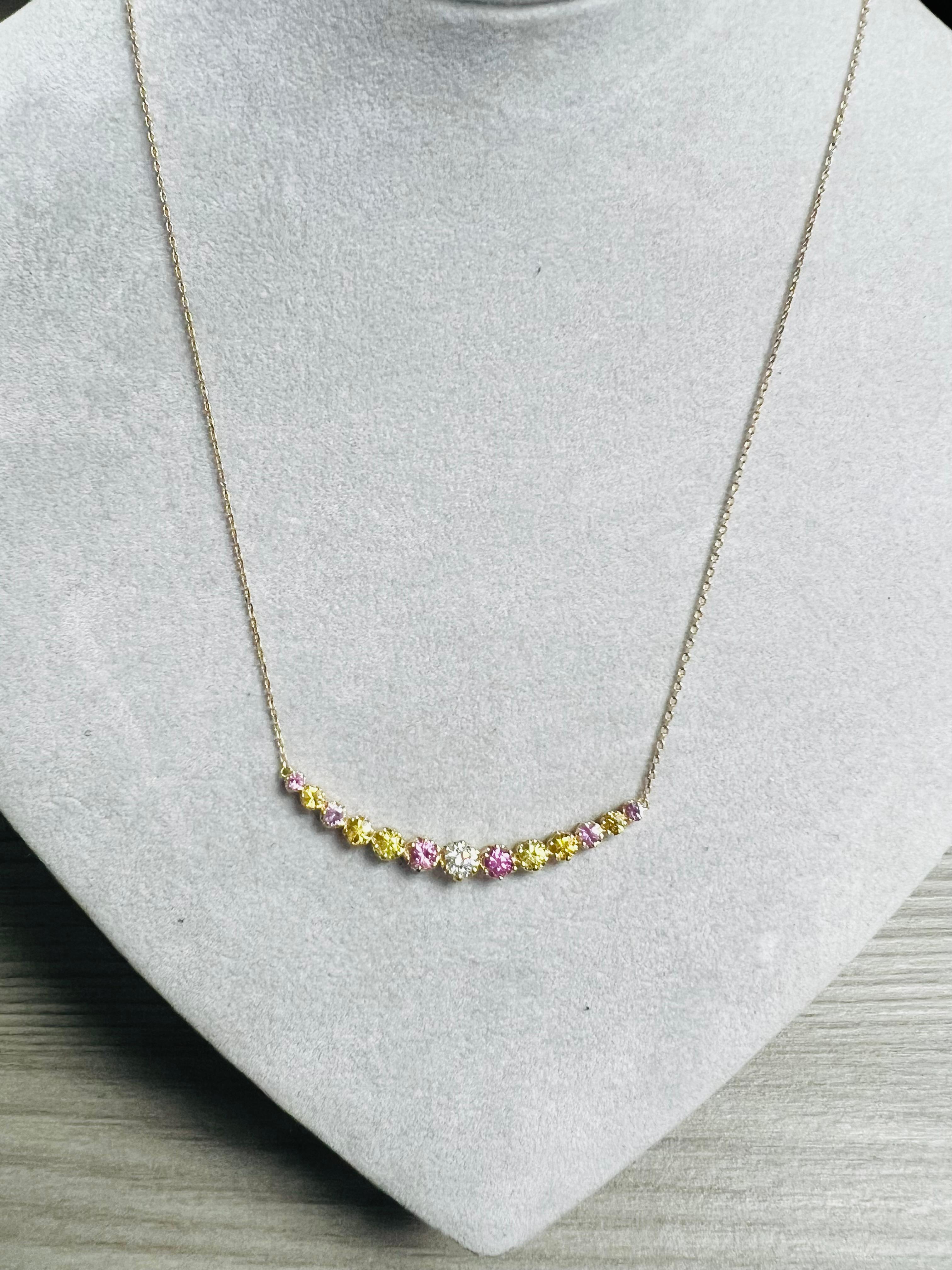 Pink Sapphire Yellow Sapphire Diamond 14 Karat Yellow Gold Chain Bar Necklace For Sale 3