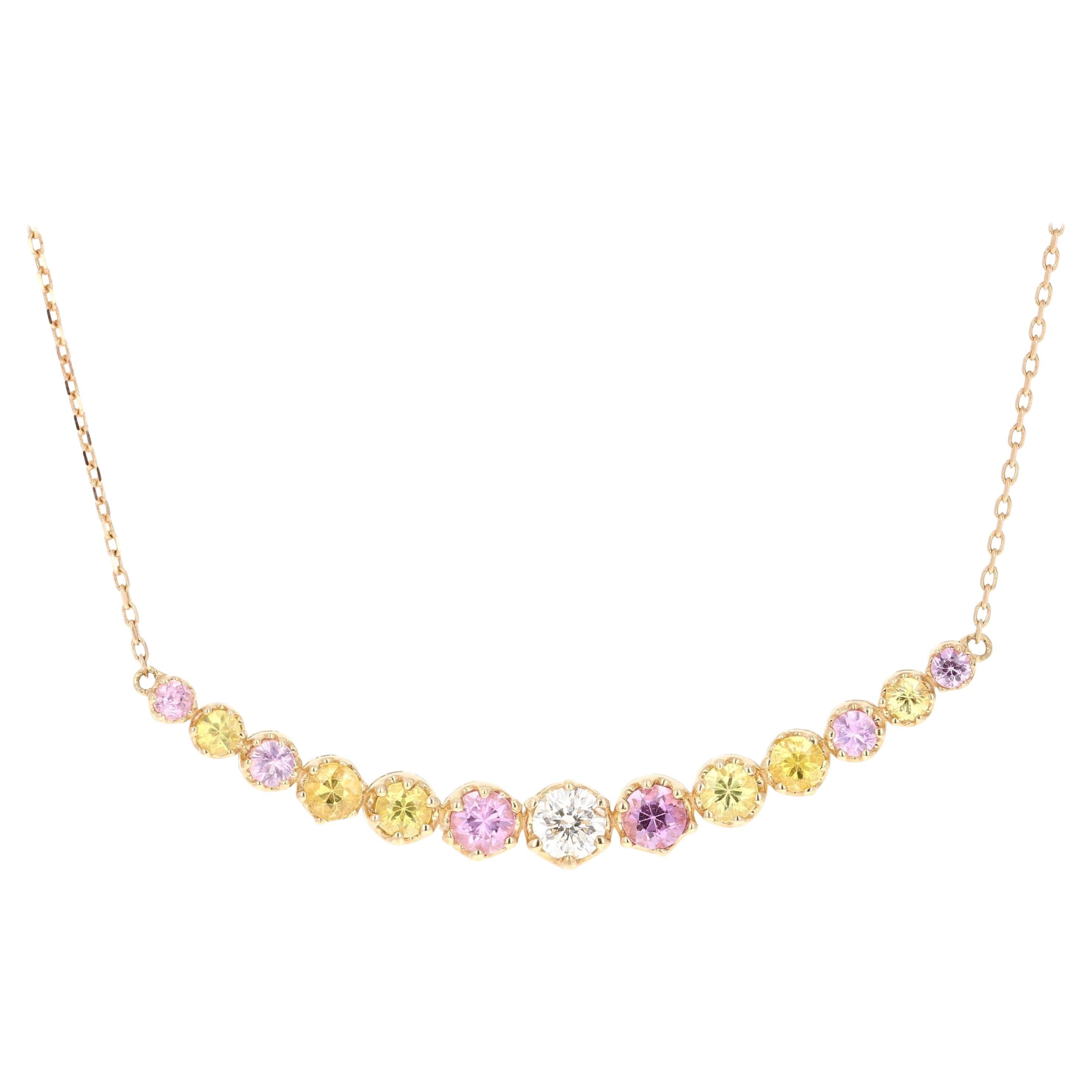 Pink Sapphire Yellow Sapphire Diamond 14 Karat Yellow Gold Chain Bar Necklace For Sale