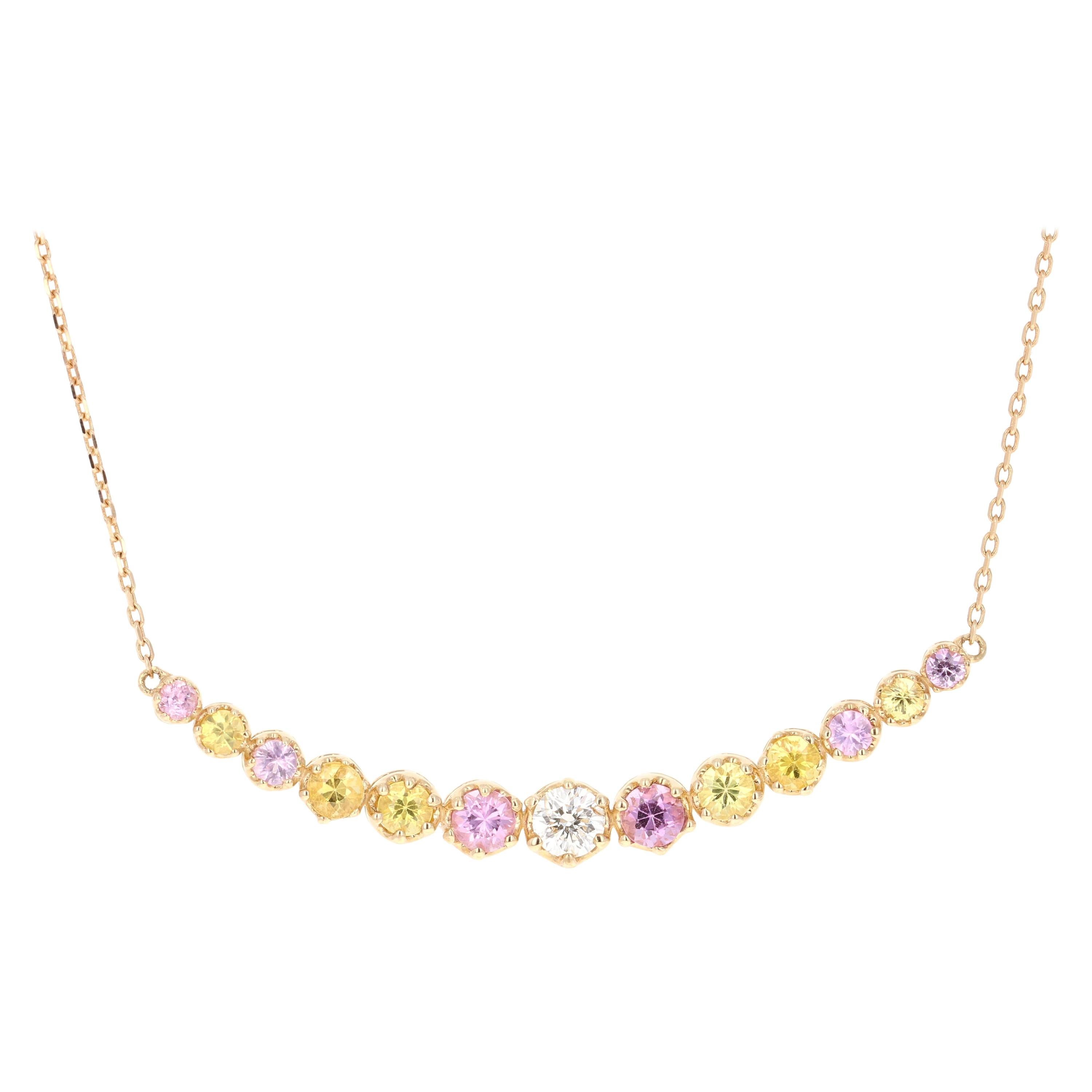 Pink Sapphire Yellow Sapphire Diamond 14 Karat Yellow Gold Chain Bar Necklace