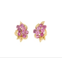 Vintage Pink Sapphire 14K Yellow Gold Floral Stud Earrings
