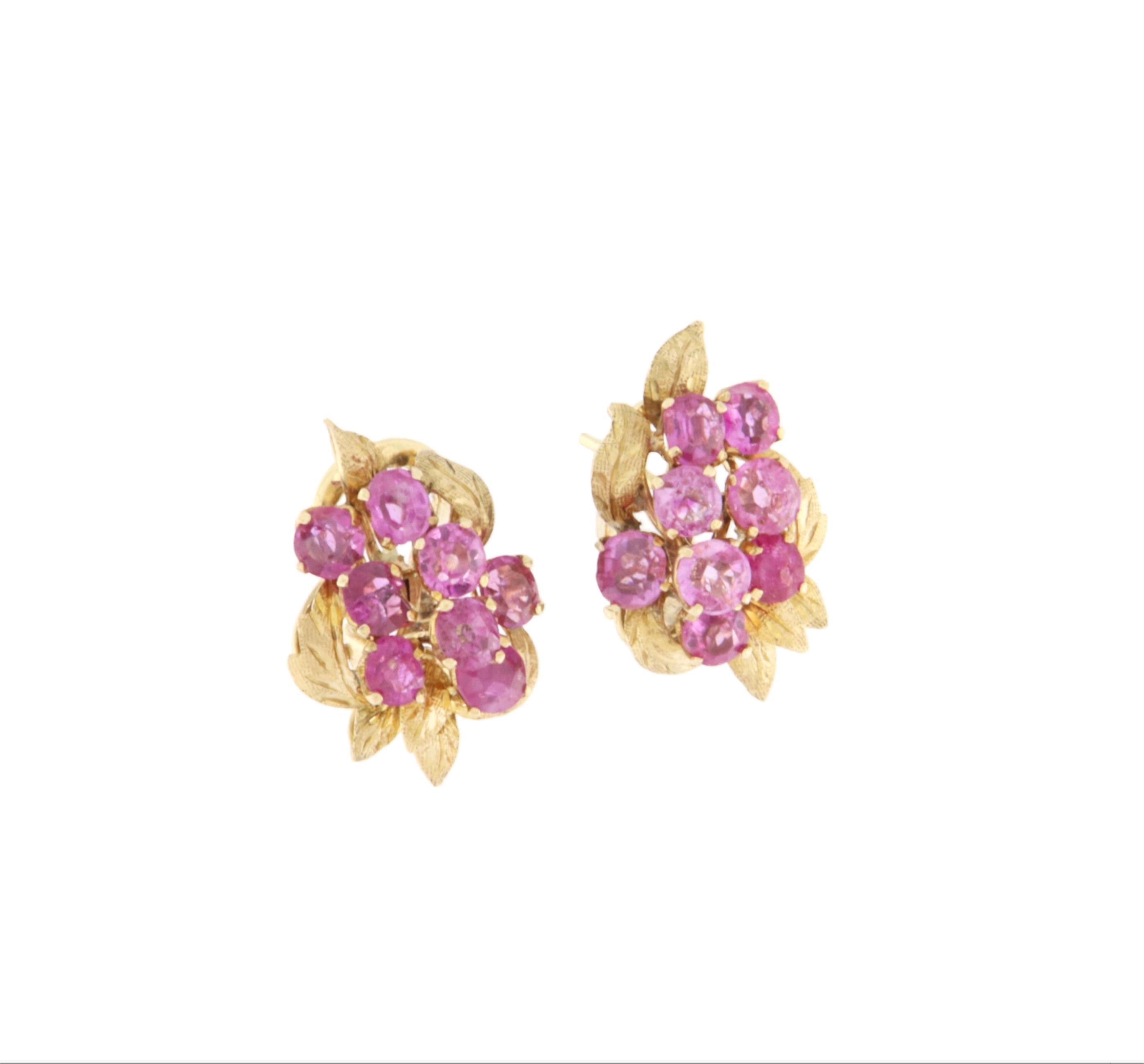 Pink Sapphires 14 Karat Yellow Gold Stud Earrings In New Condition For Sale In Marcianise, IT