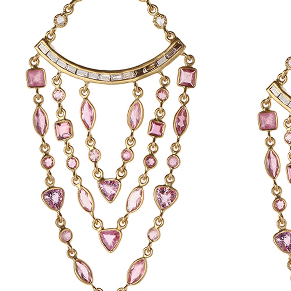 Contemporary Pink Sapphires and 1.43 Carat Diamonds Curtain Earrings For Sale