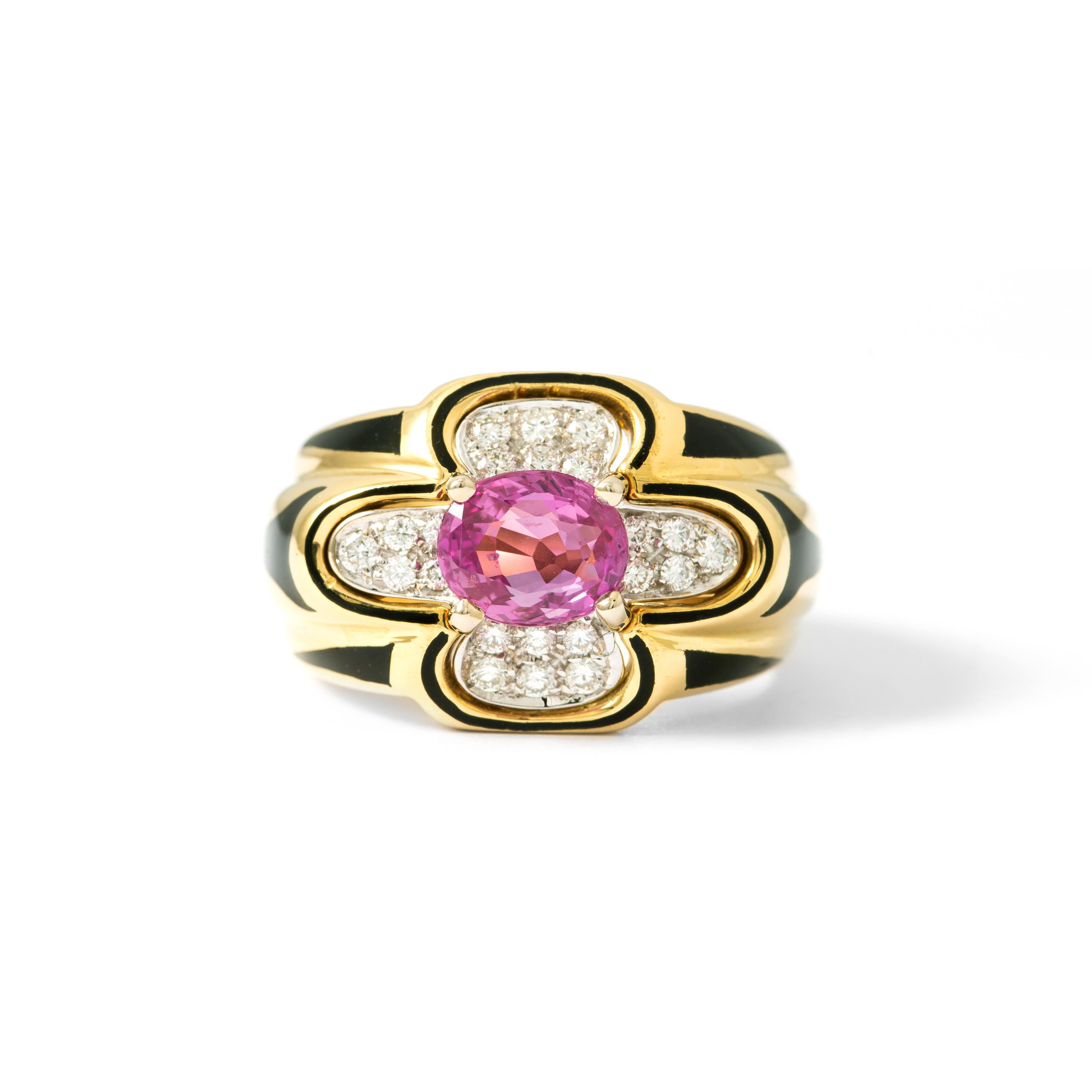 Ring in 18kt yellow gold set with one pink oval cut sapphire 1.40 cts and 22 diamonds 0.24 cts Size 52