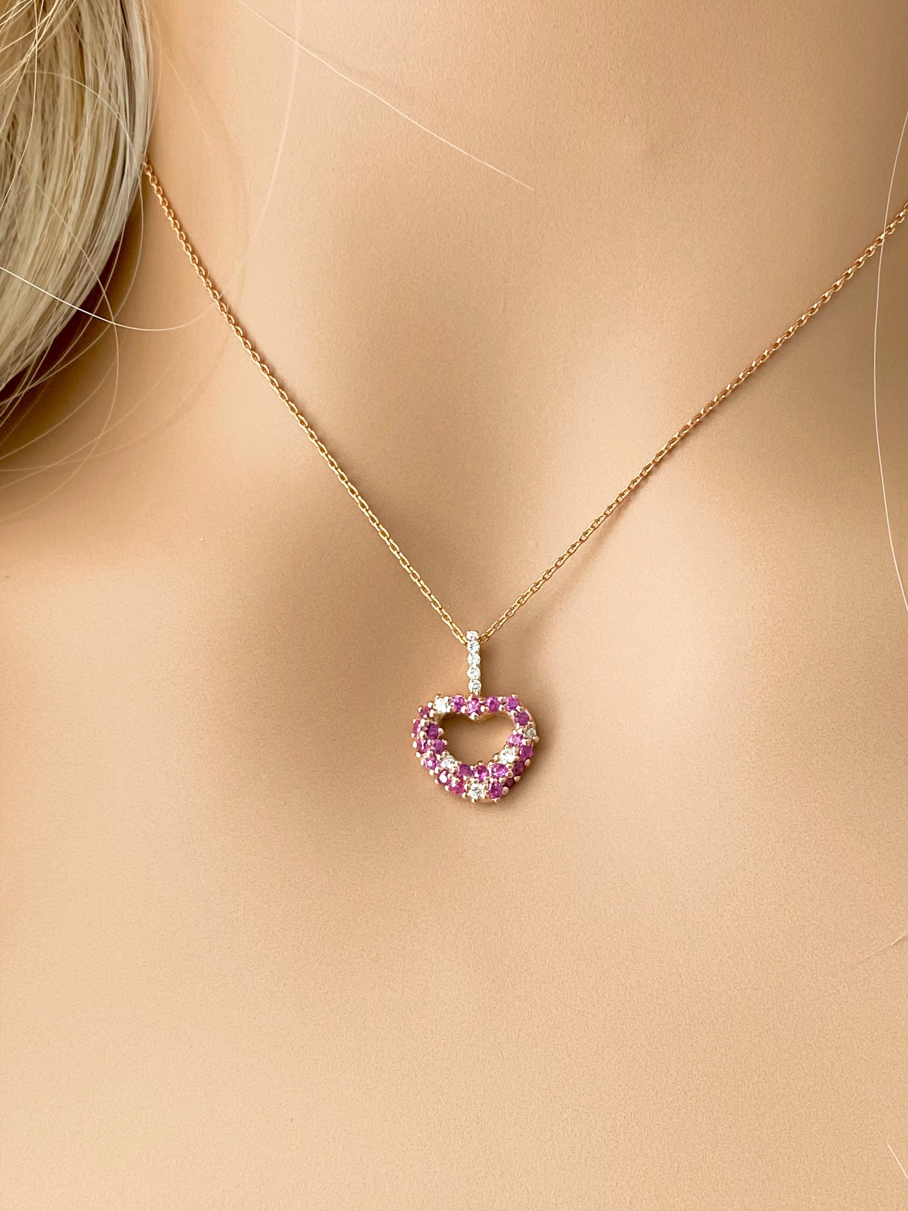 Contemporary Pink Sapphires and Diamond Heart Shape Rose Gold Necklace Pendant