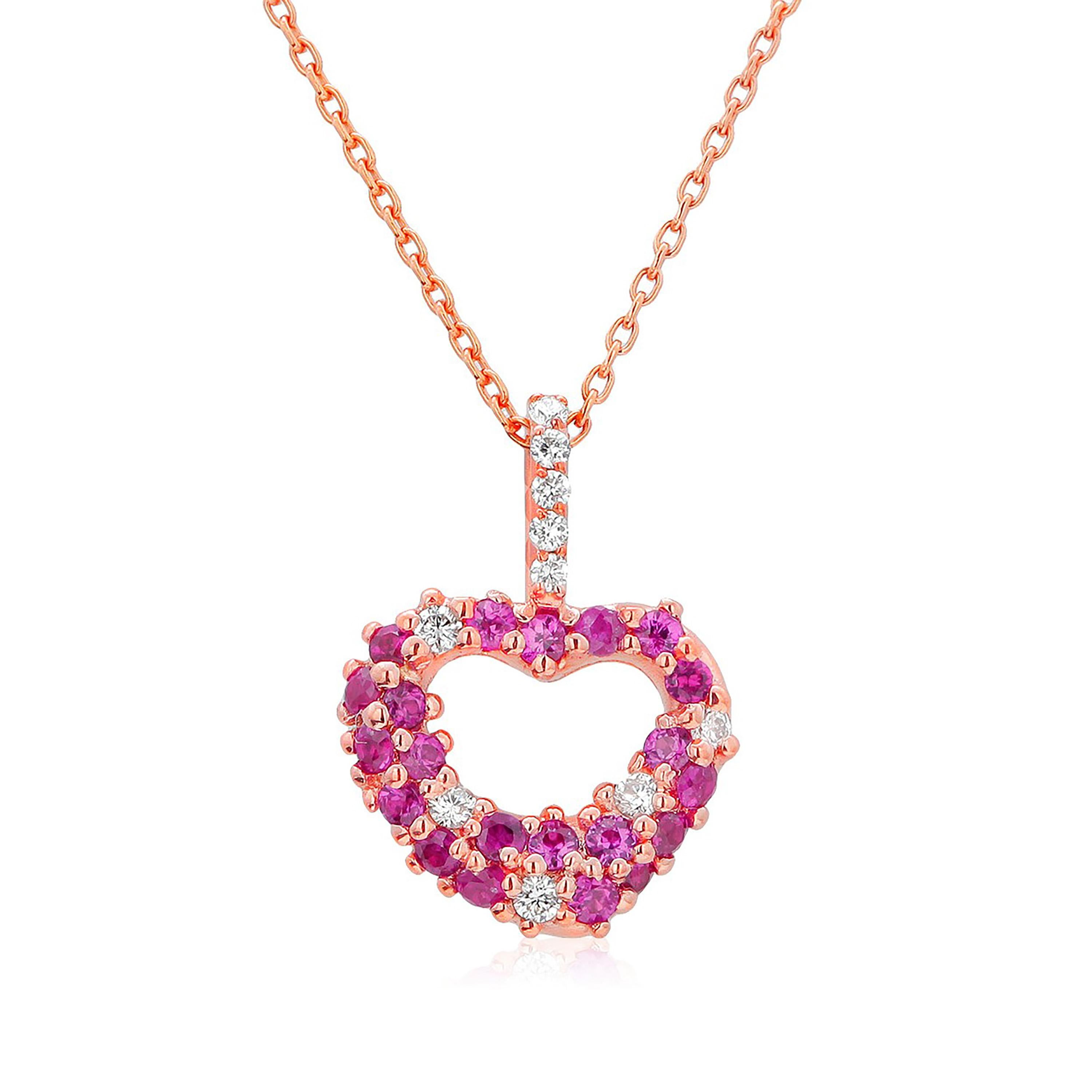 Round Cut Pink Sapphires and Diamond Heart Shape Rose Gold Necklace Pendant