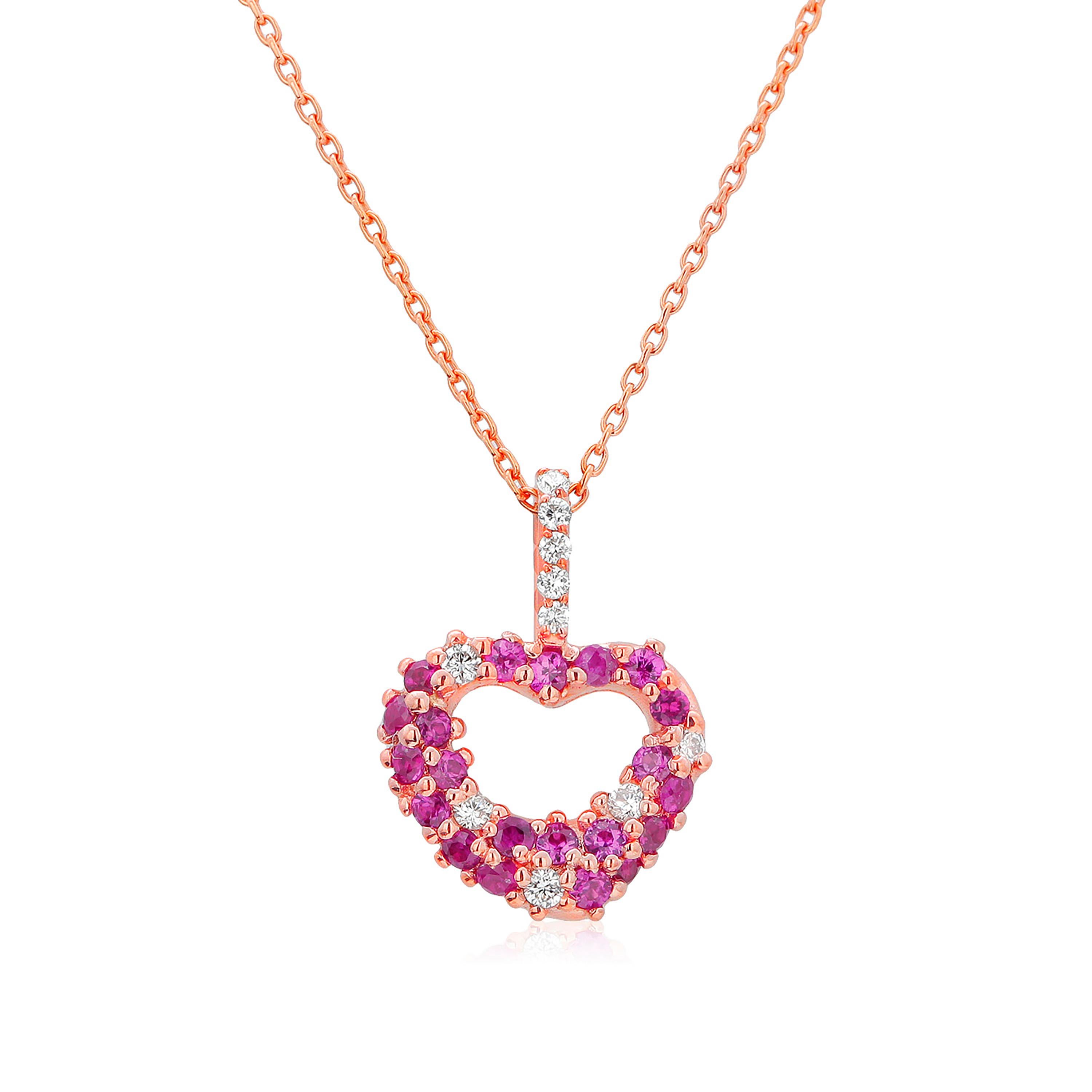 Women's or Men's Pink Sapphires and Diamond Heart Shape Rose Gold Necklace Pendant