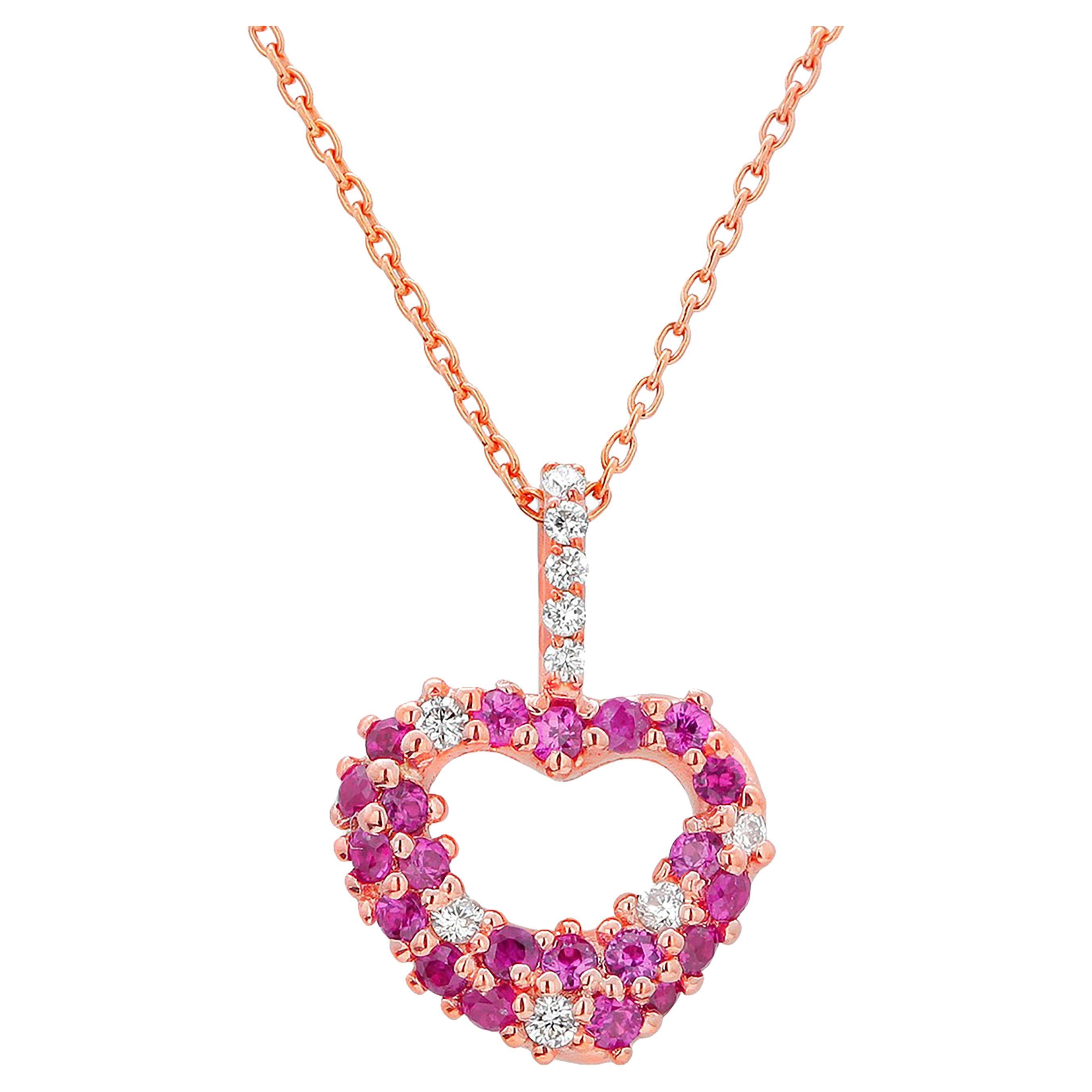 Pink Sapphires and Diamond Heart Shape Rose Gold Necklace Pendant