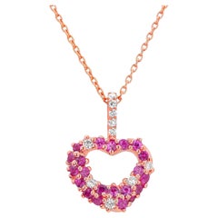 Pink Sapphires and Diamond Heart Shape Rose Gold Necklace Pendant