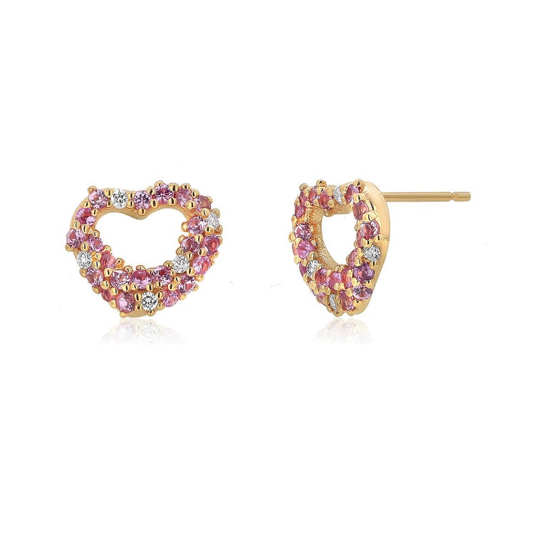 Round Cut Pink Sapphires and Diamond Heart Shape Rose Gold Stud Earrings For Sale