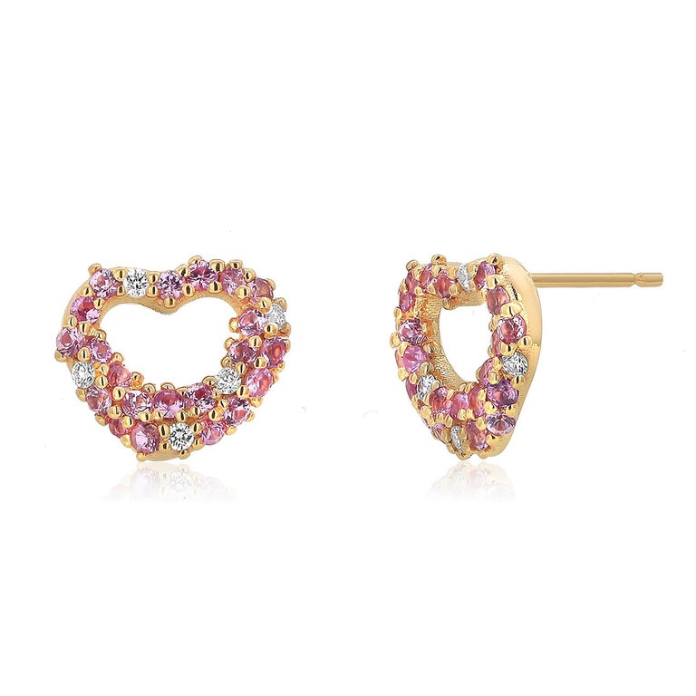 Pink Sapphires and Diamond Heart Shape Rose Gold Stud Earrings In New Condition For Sale In New York, NY