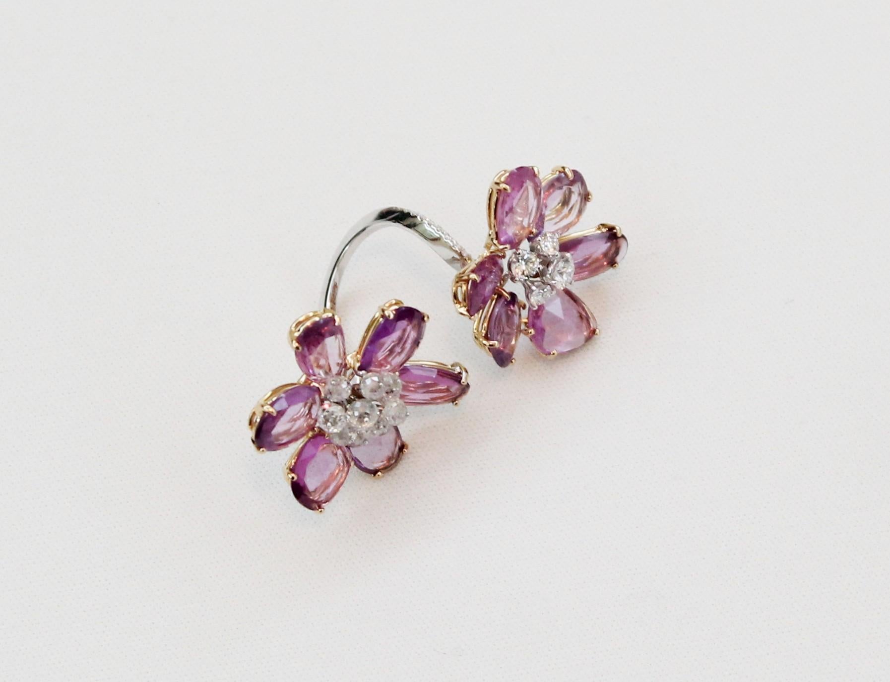Pink Sapphires and Diamonds Double Flower Cocktail Ring In New Condition For Sale In Milano, IT