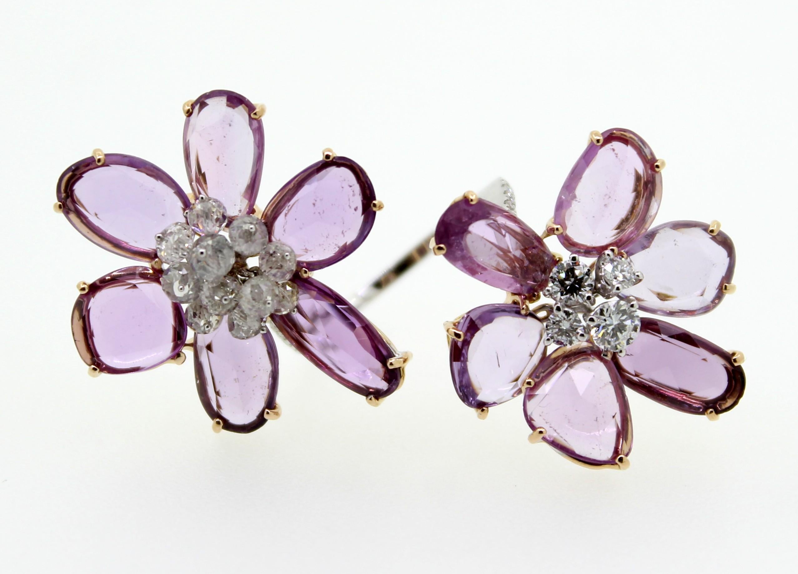 Women's Pink Sapphires and Diamonds Double Flower Cocktail Ring For Sale