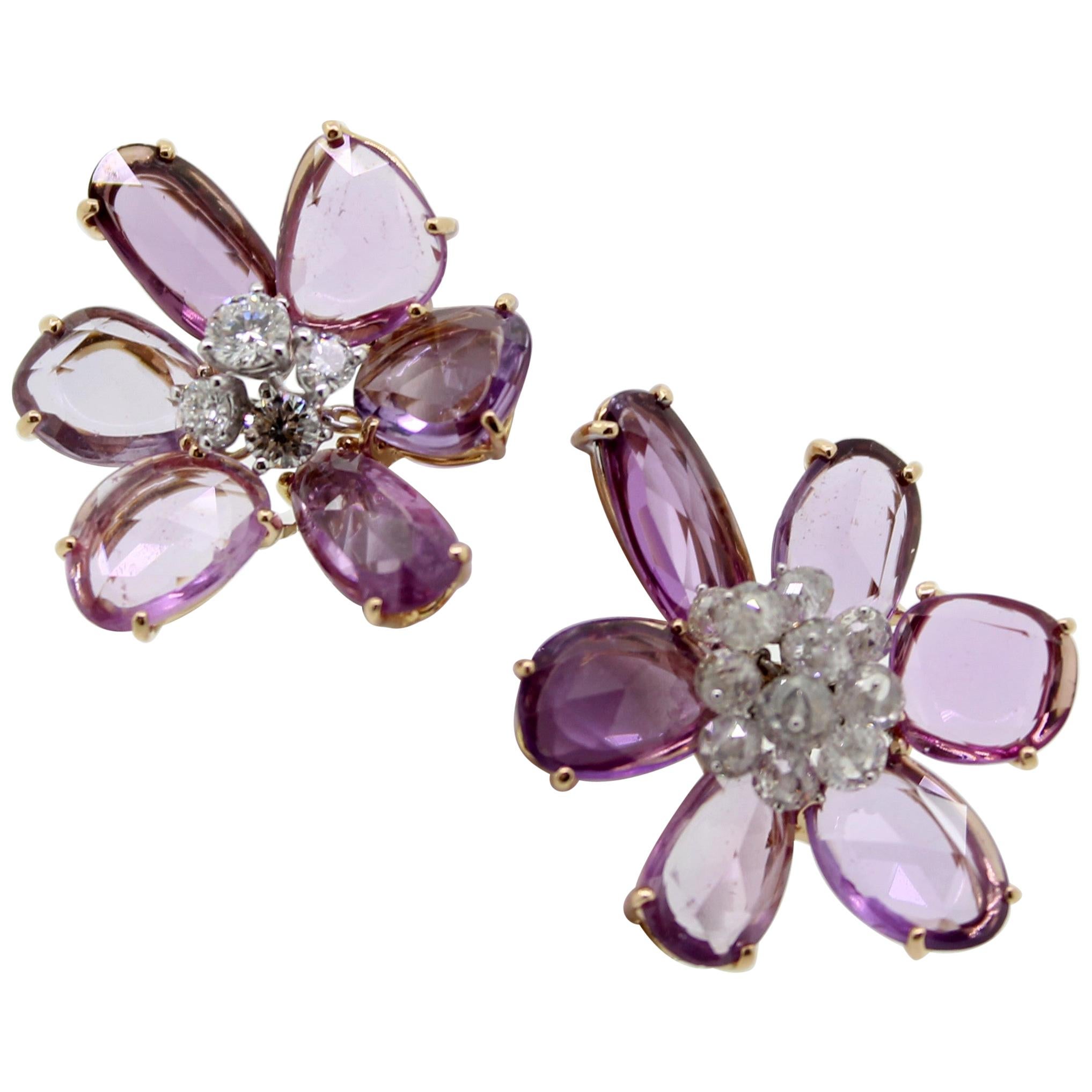 Pink Sapphires and Diamonds Double Flower Cocktail Ring For Sale