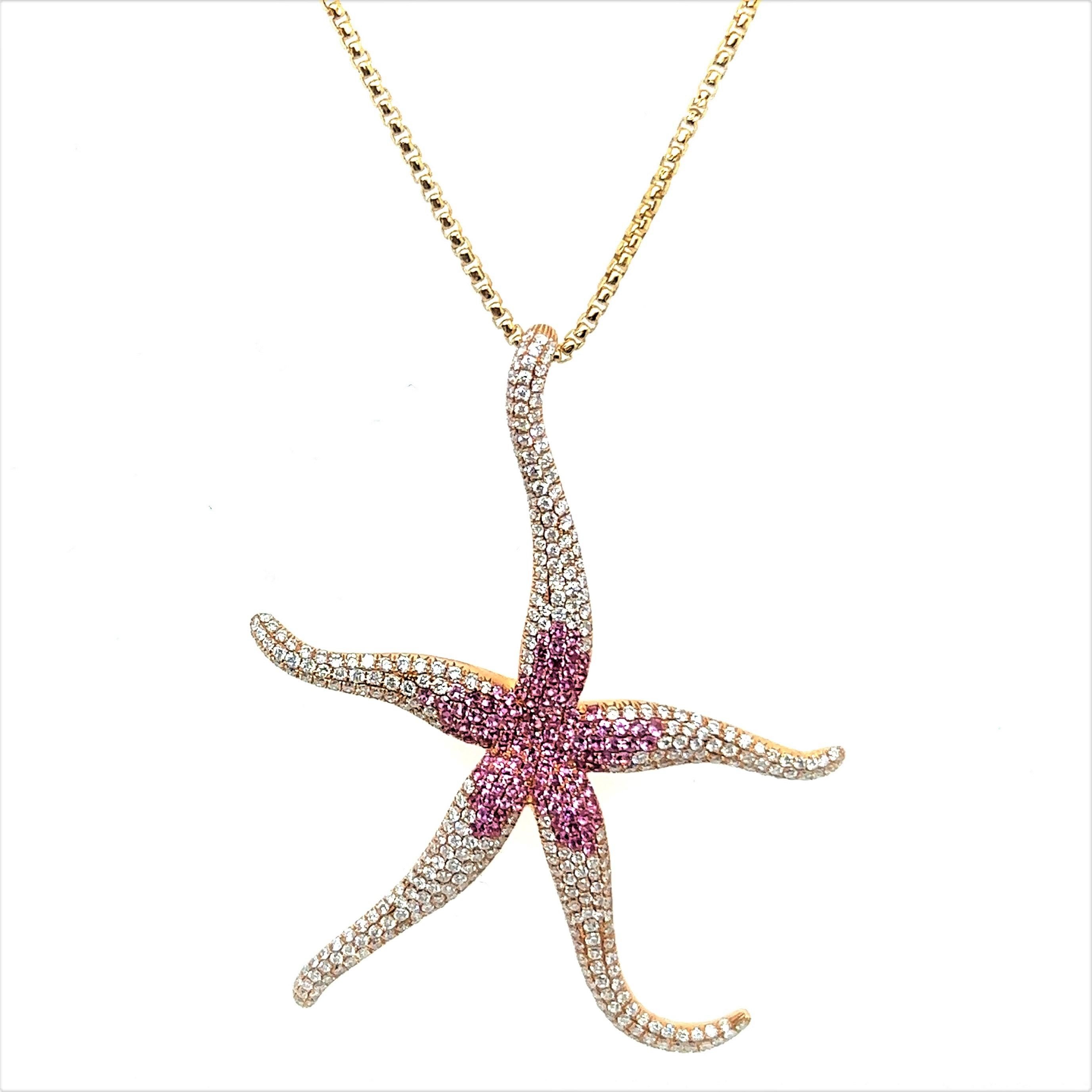 Brilliant Cut Pink Sapphire and Diamond Sea Star Necklace in 18 Karat Rose Gold For Sale