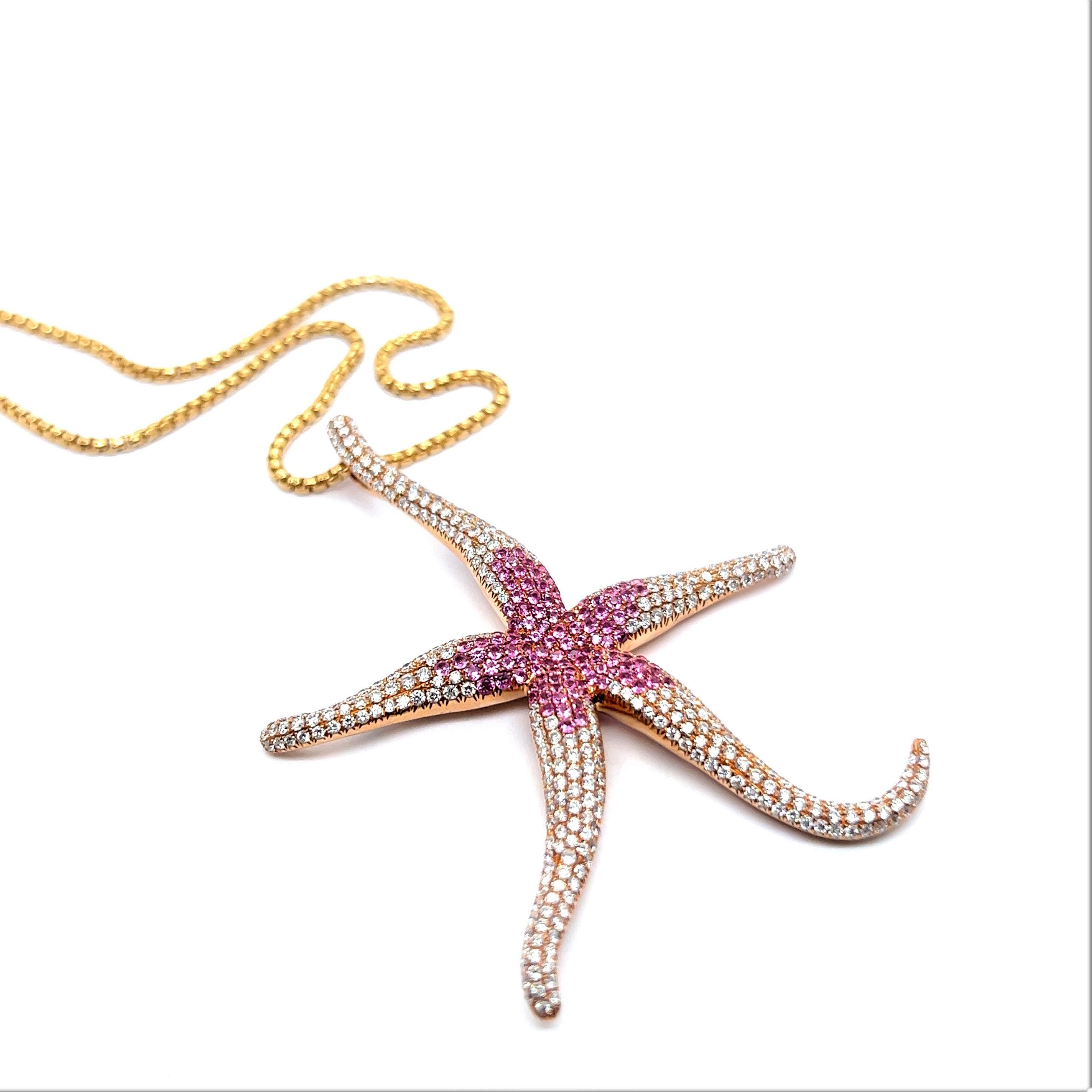Pink Sapphire and Diamond Sea Star Necklace in 18 Karat Rose Gold In Excellent Condition For Sale In Lucerne, CH