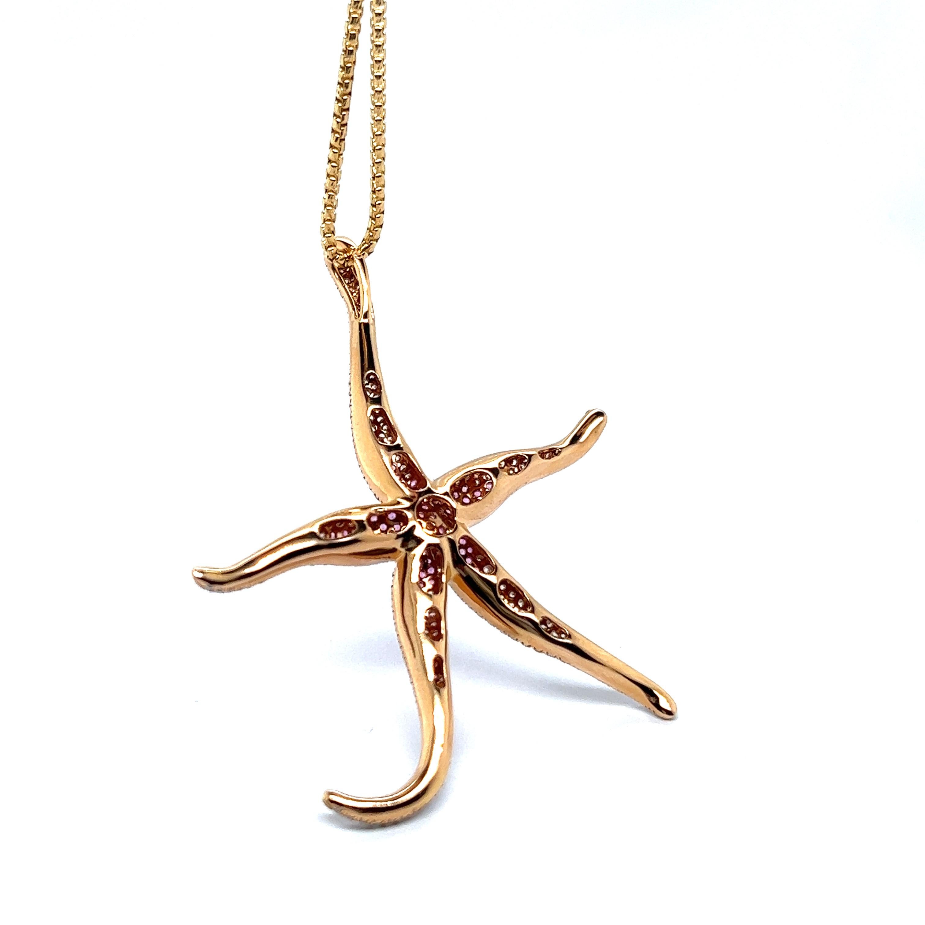Pink Sapphire and Diamond Sea Star Necklace in 18 Karat Rose Gold For Sale 1