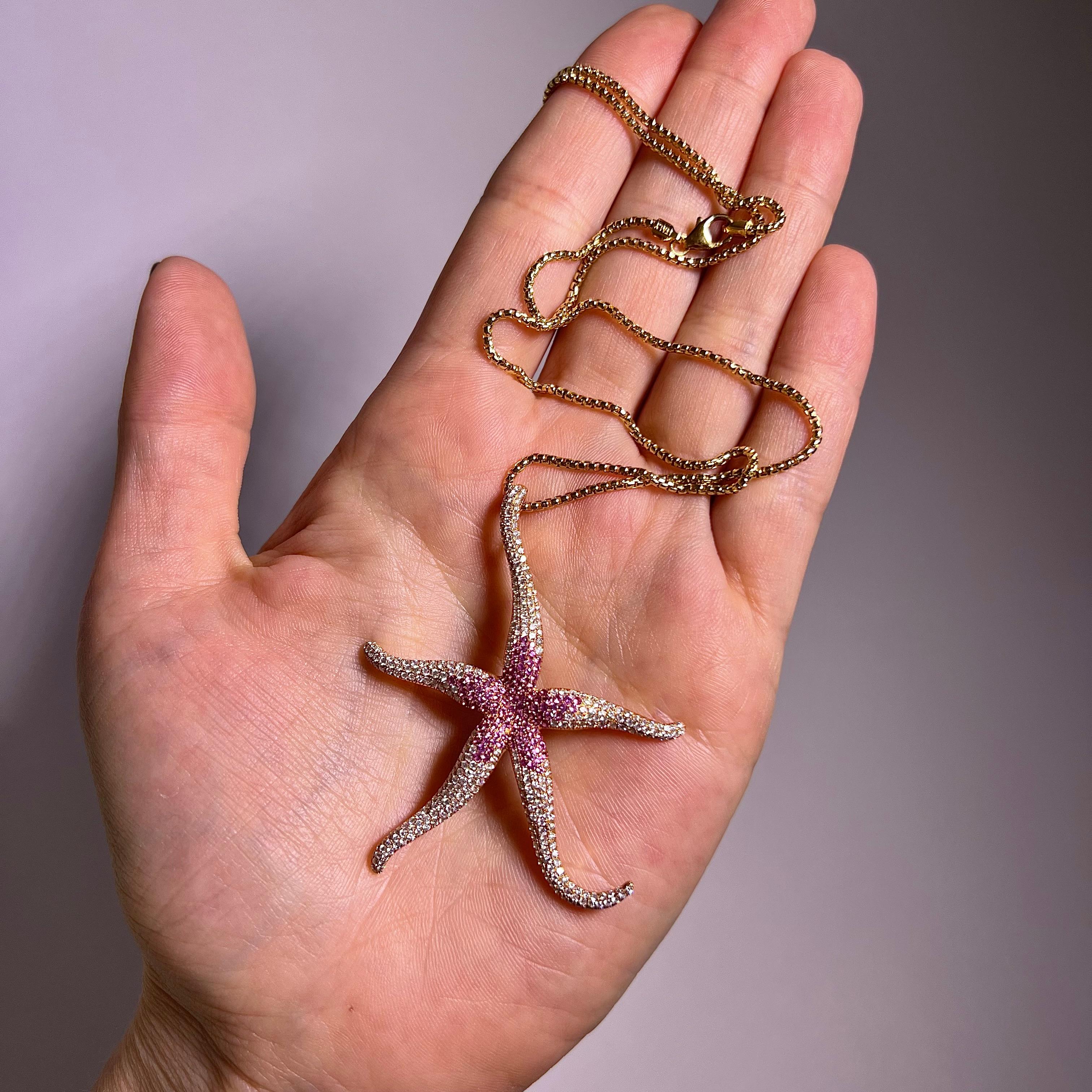 Pink Sapphire and Diamond Sea Star Necklace in 18 Karat Rose Gold For Sale 2