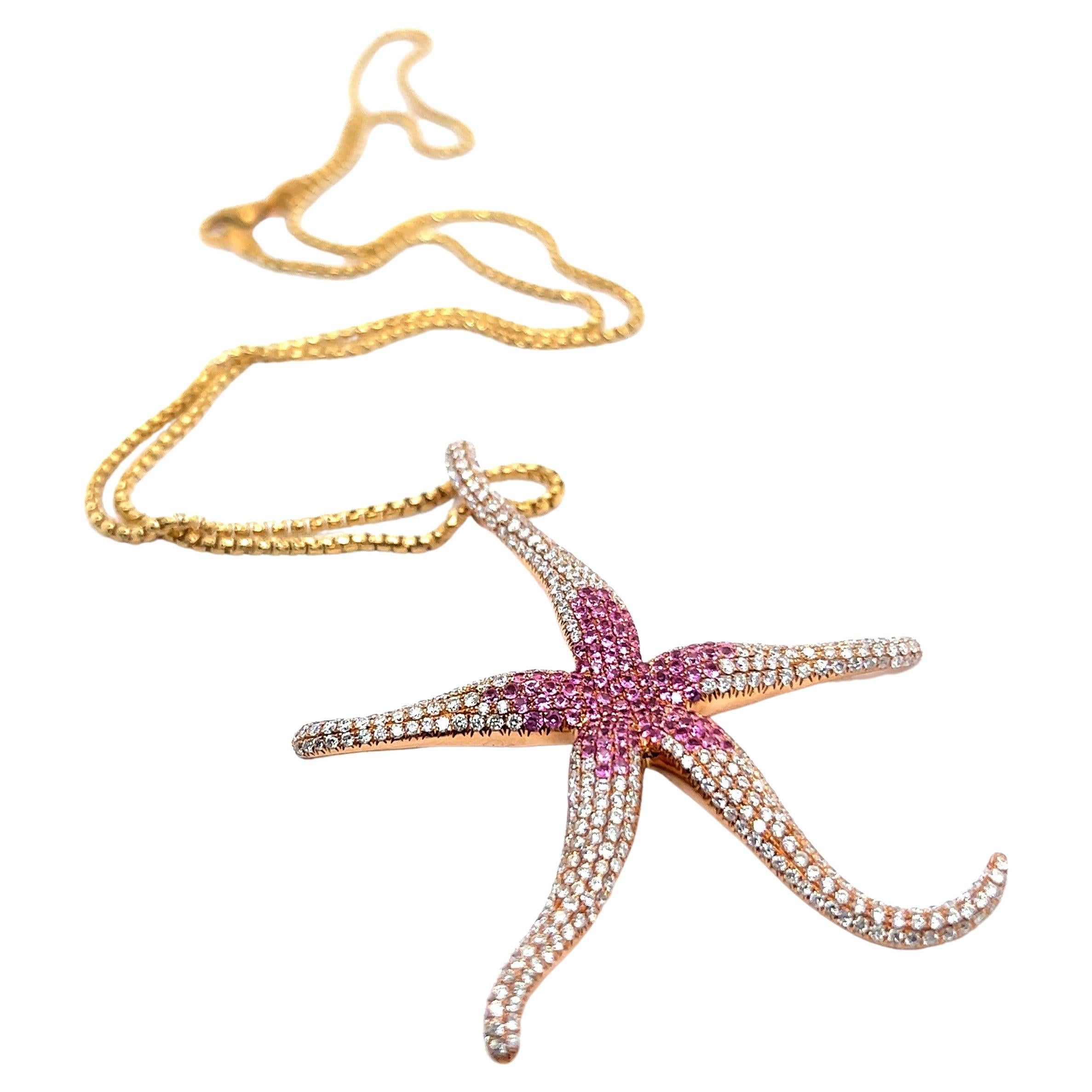 Pink Sapphire and Diamond Sea Star Necklace in 18 Karat Rose Gold For Sale