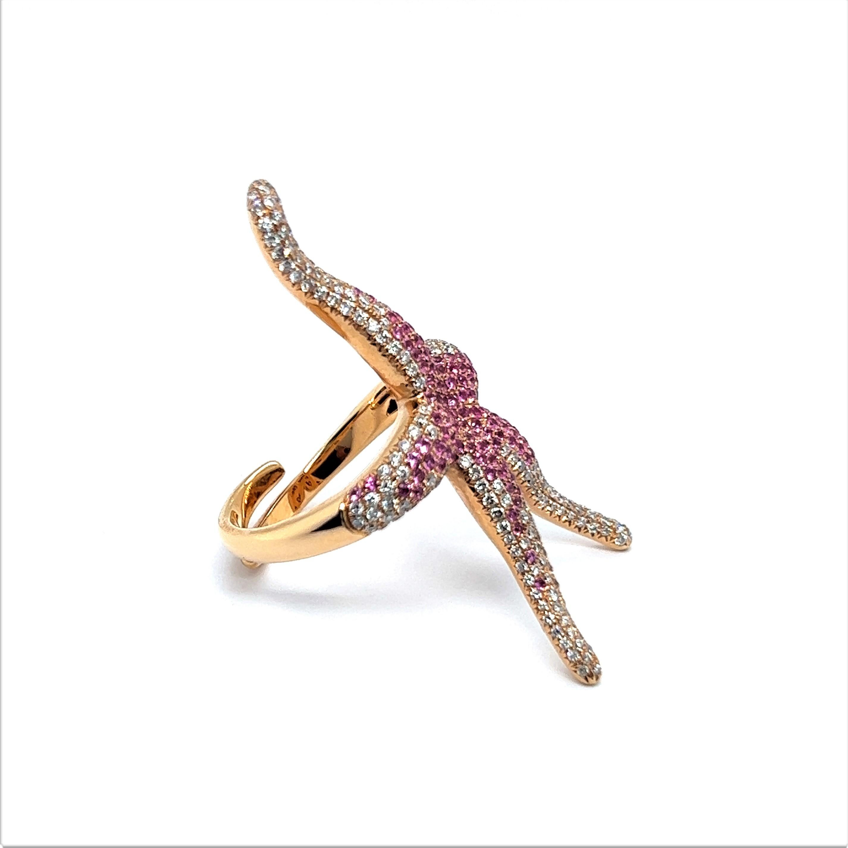 Modern Pink Sapphire and Diamond Sea Star Ring in 18 Karat Rose Gold For Sale