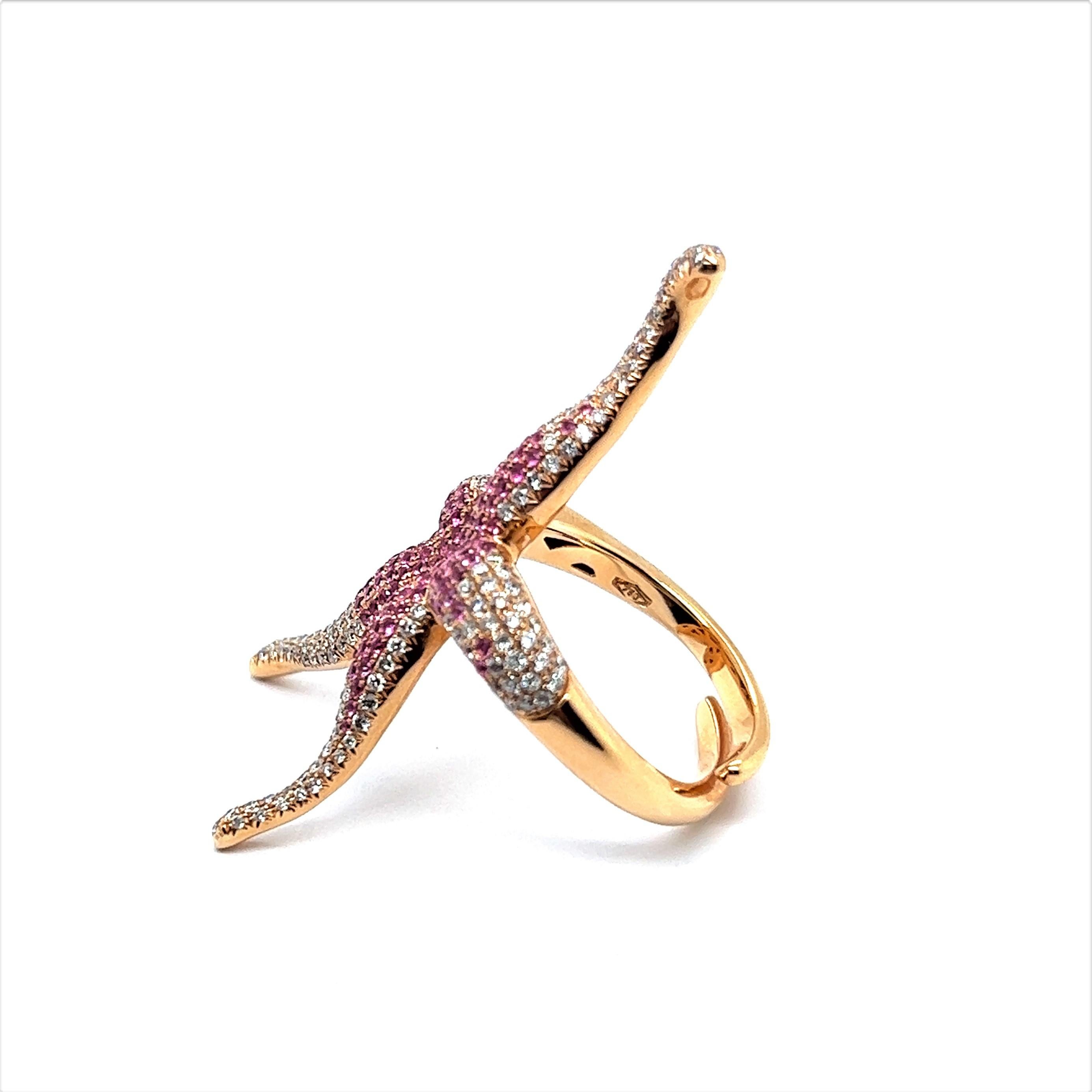 Pink Sapphire and Diamond Sea Star Ring in 18 Karat Rose Gold In Excellent Condition For Sale In Lucerne, CH