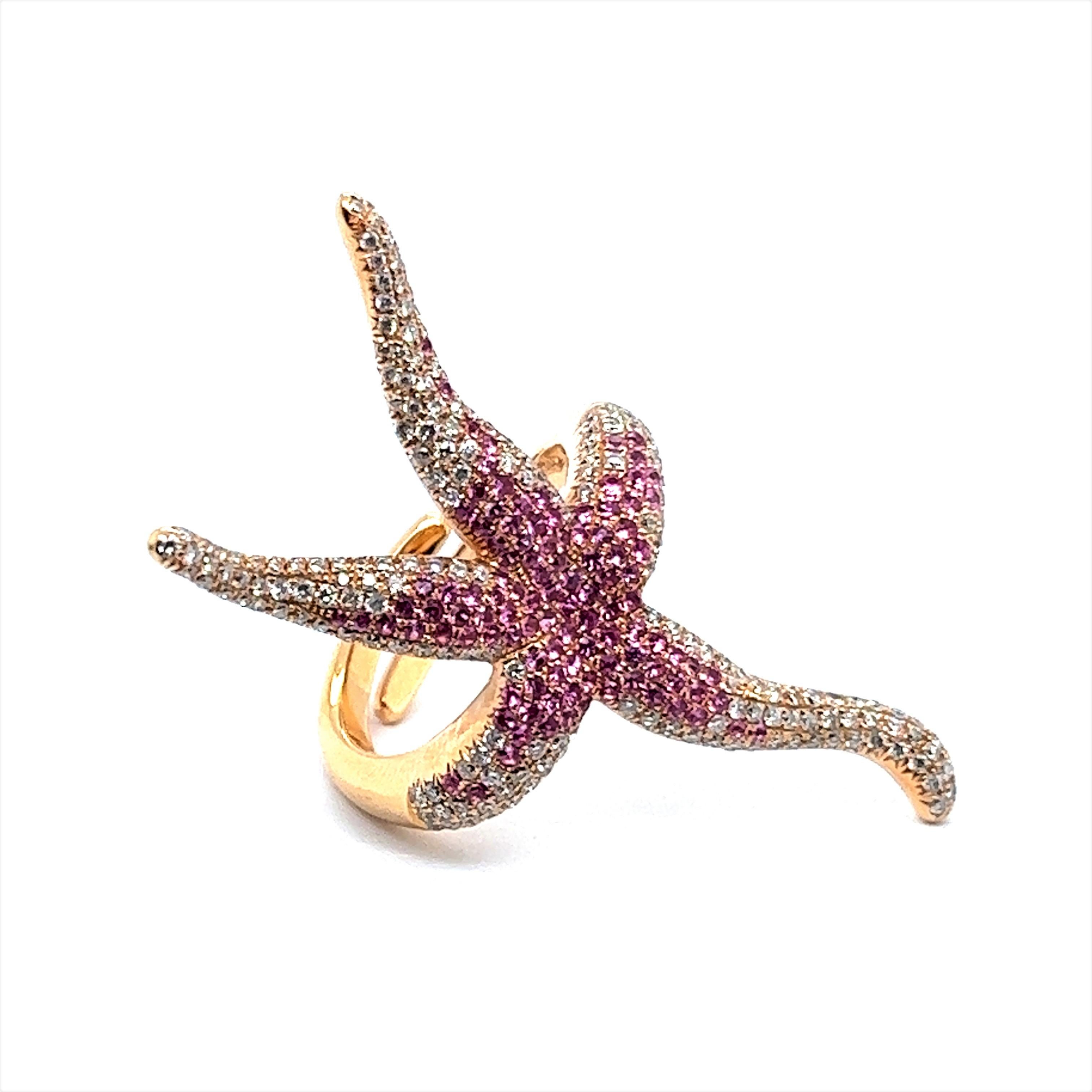 Women's or Men's Pink Sapphire and Diamond Sea Star Ring in 18 Karat Rose Gold For Sale