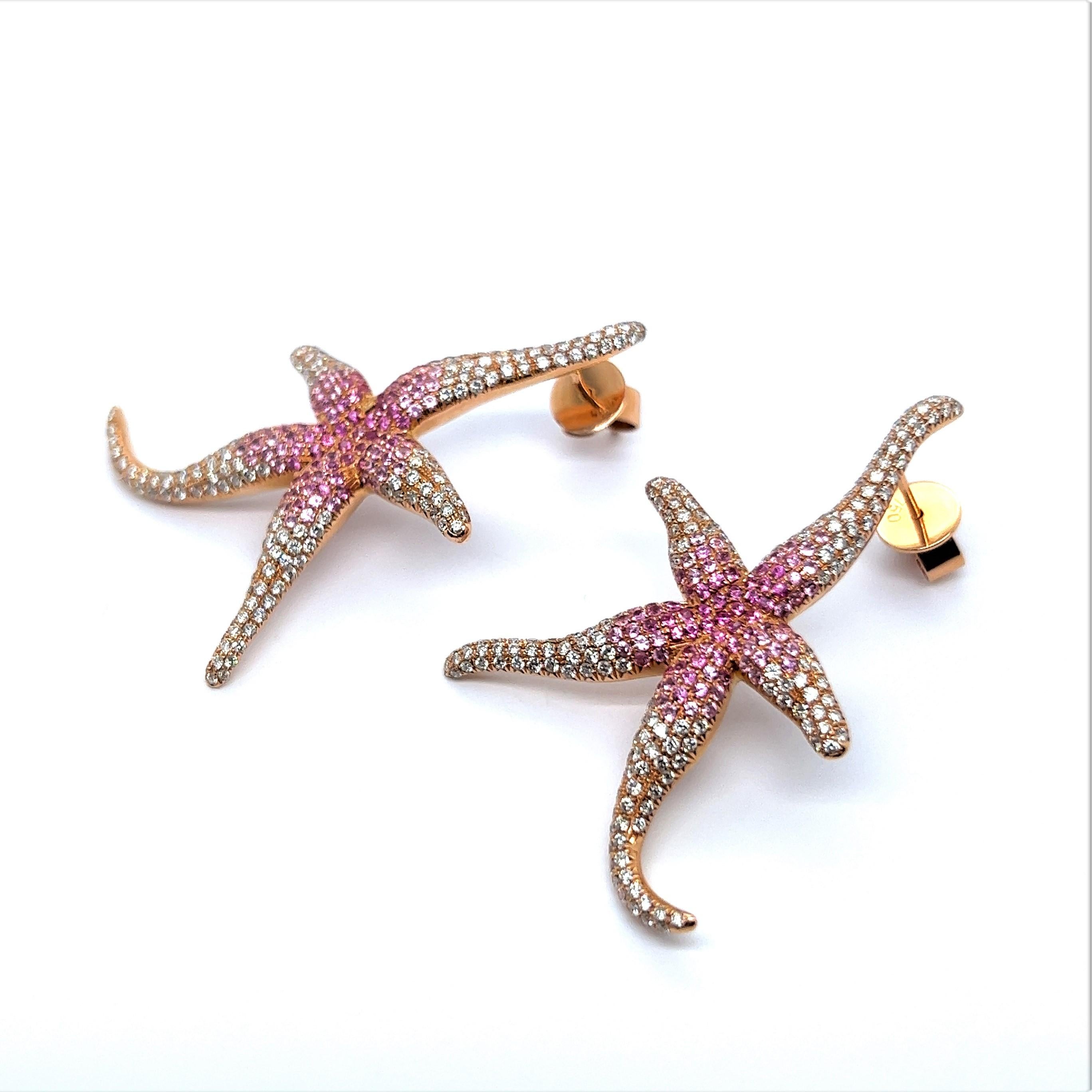Pink Sapphire and Diamond Sea Stars Earrings in 18 Karat Rose Gold For Sale 2