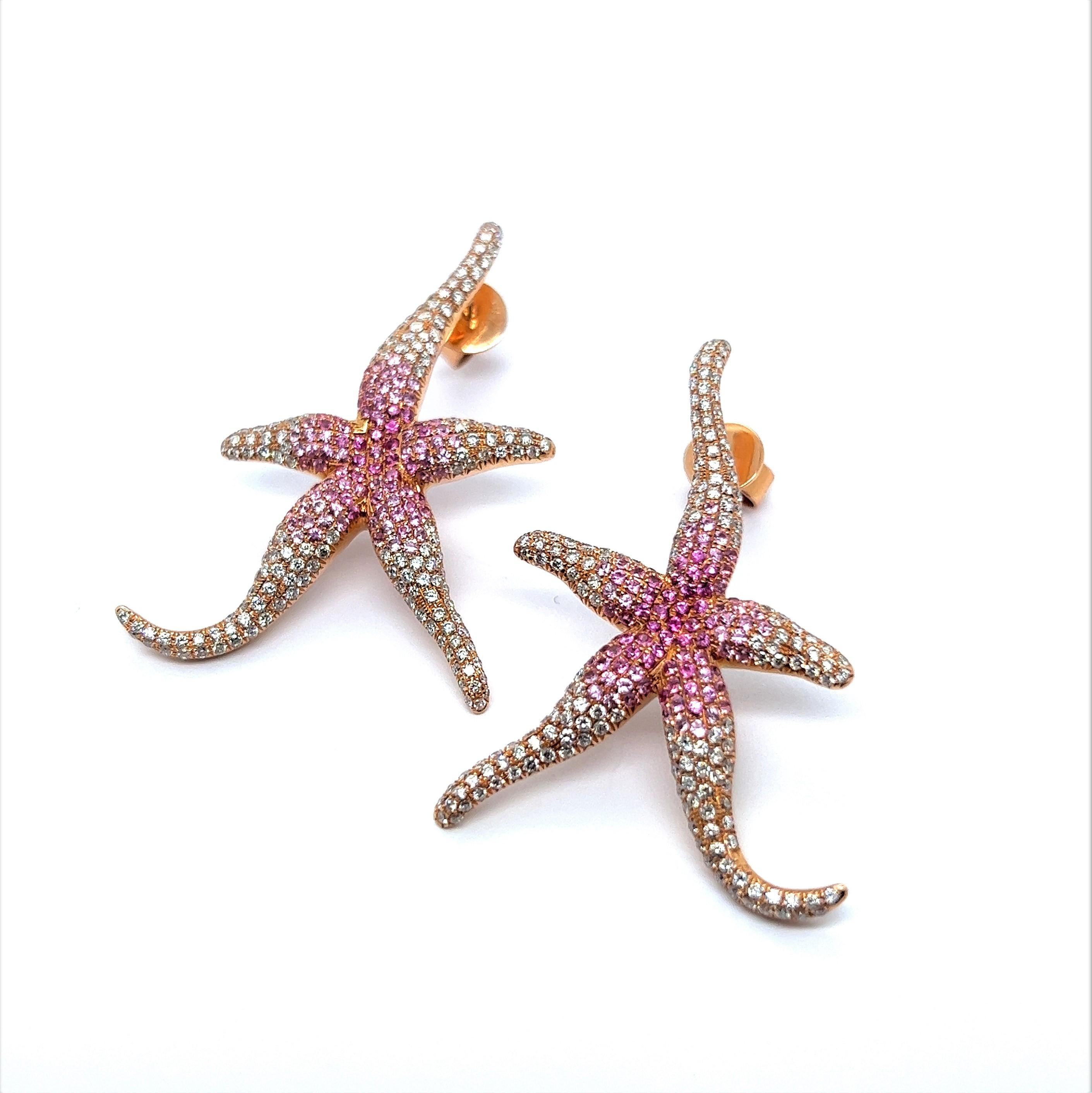 Pink Sapphire and Diamond Sea Stars Earrings in 18 Karat Rose Gold For Sale 3
