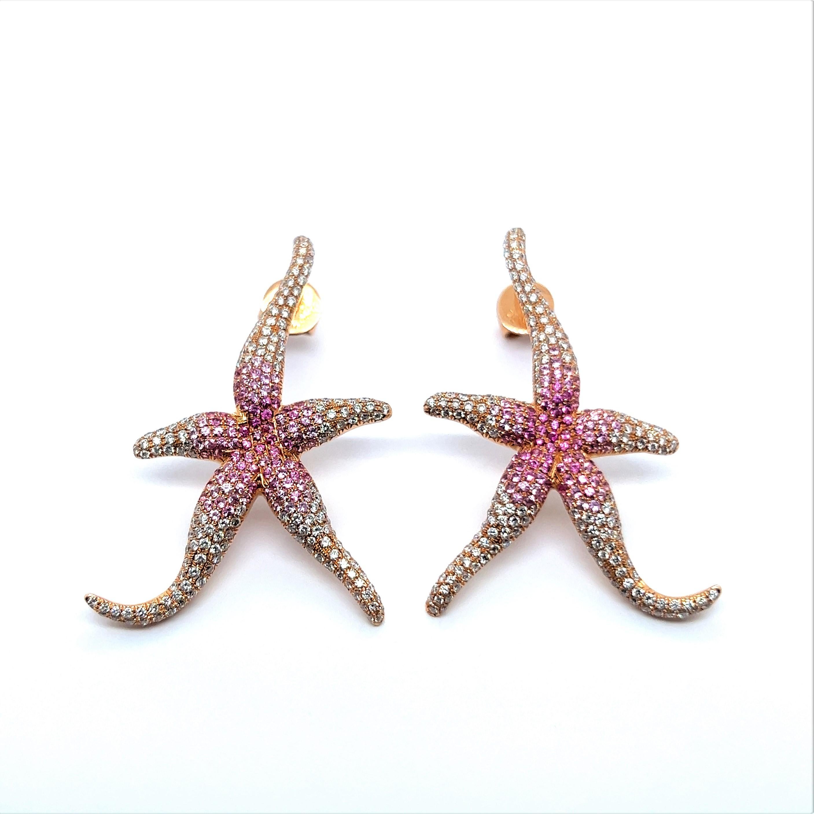 Pink Sapphire and Diamond Sea Stars Earrings in 18 Karat Rose Gold For Sale 4