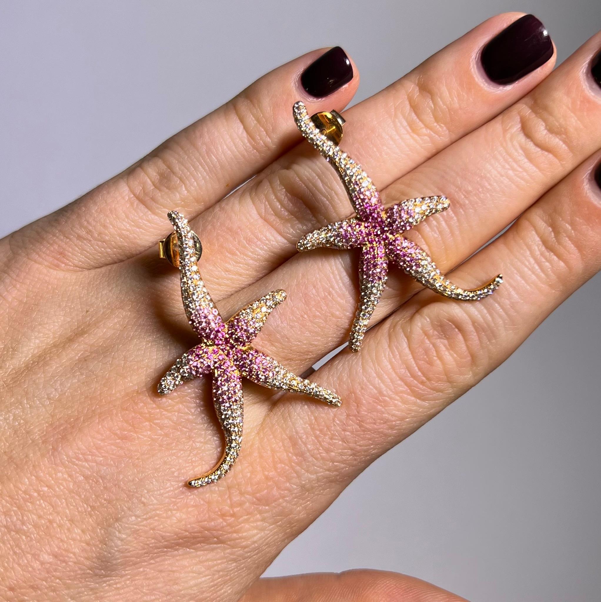 Pink Sapphire and Diamond Sea Stars Earrings in 18 Karat Rose Gold For Sale 5