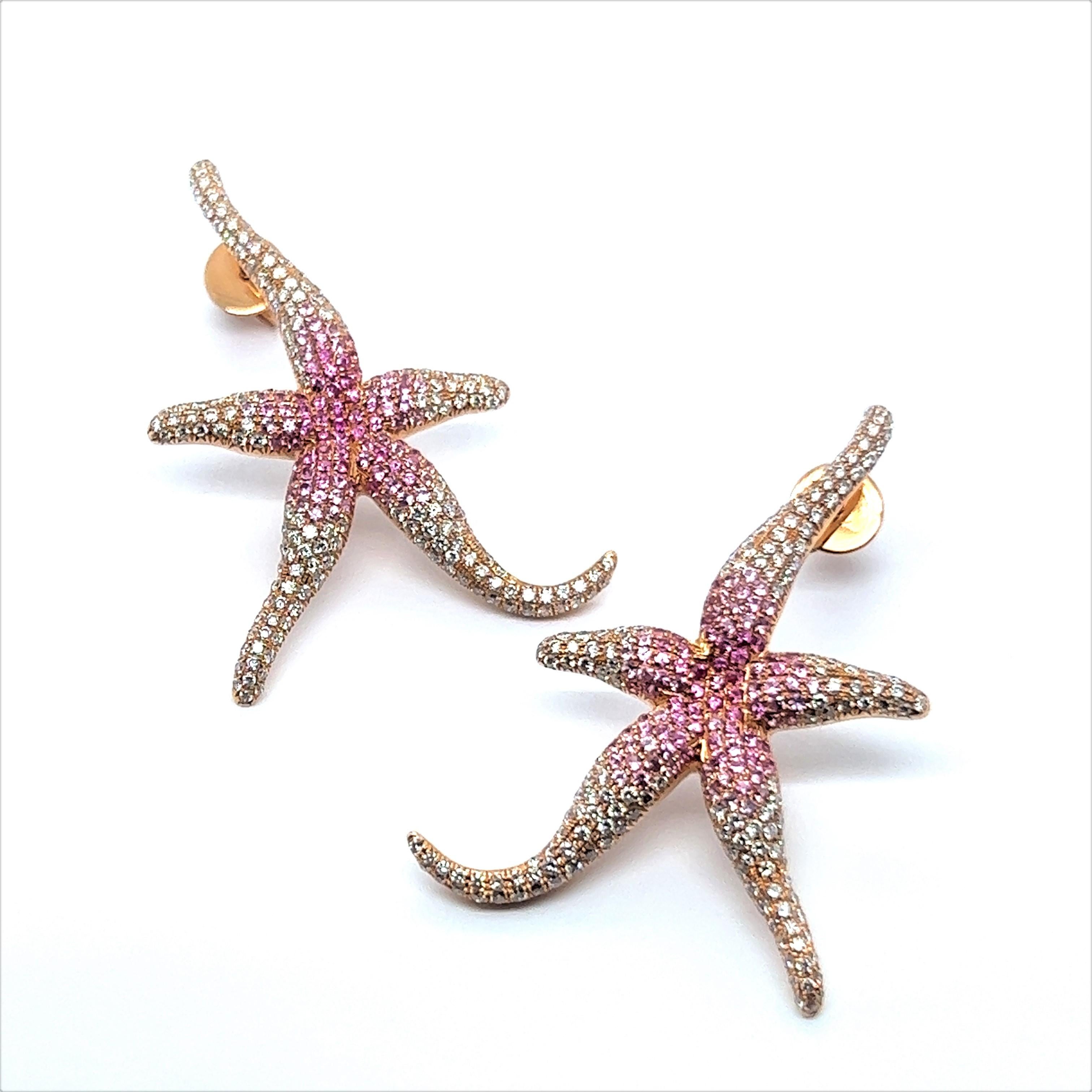 Charming sea star earrings in an alluring combination of pink sapphires and diamonds. Inspired by a marine theme , they capture the essence of the ocean and will add a touch of festive chic to your look.  

Crafted from luxurious 18 Karat rose gold,