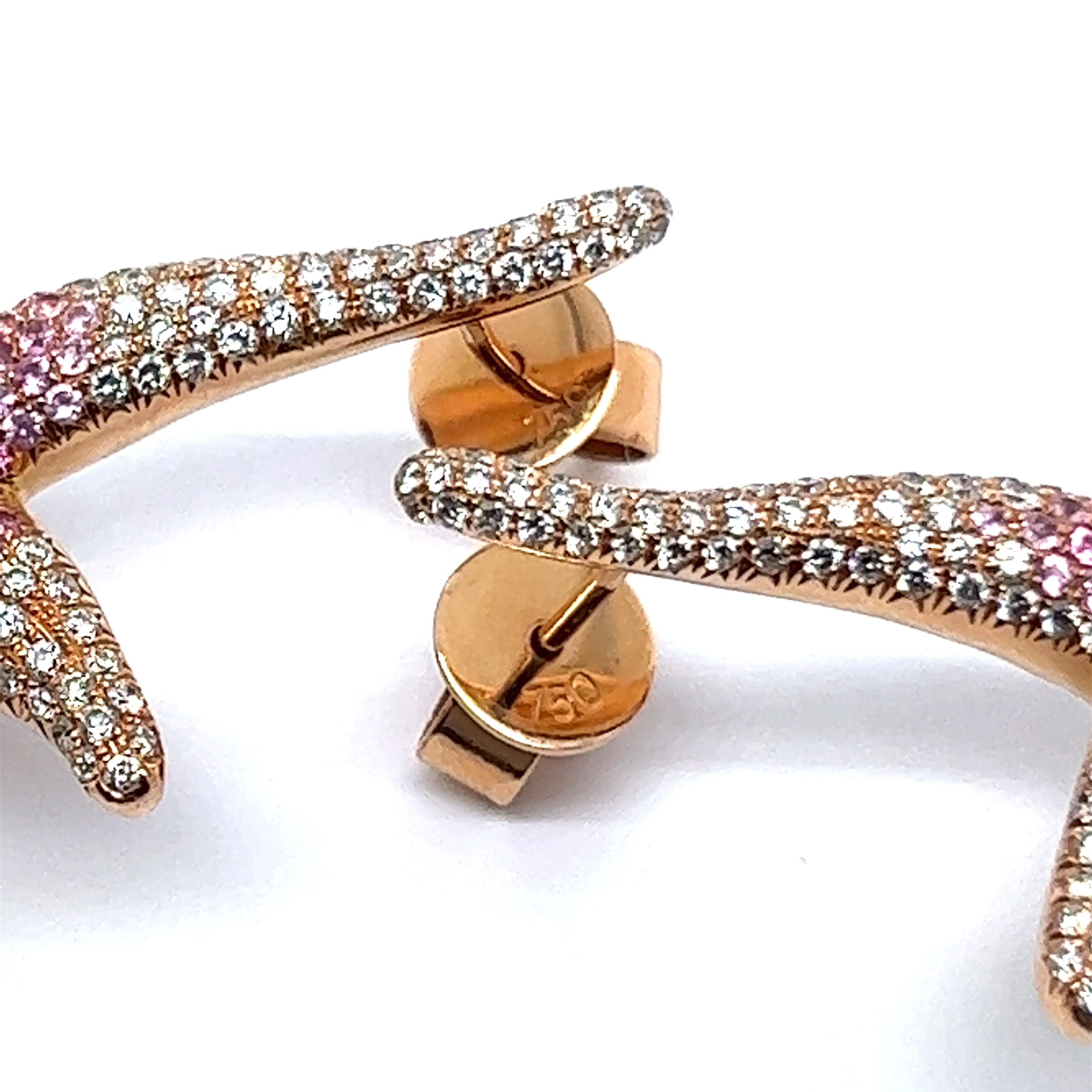 Pink Sapphire and Diamond Sea Stars Earrings in 18 Karat Rose Gold In Excellent Condition For Sale In Lucerne, CH