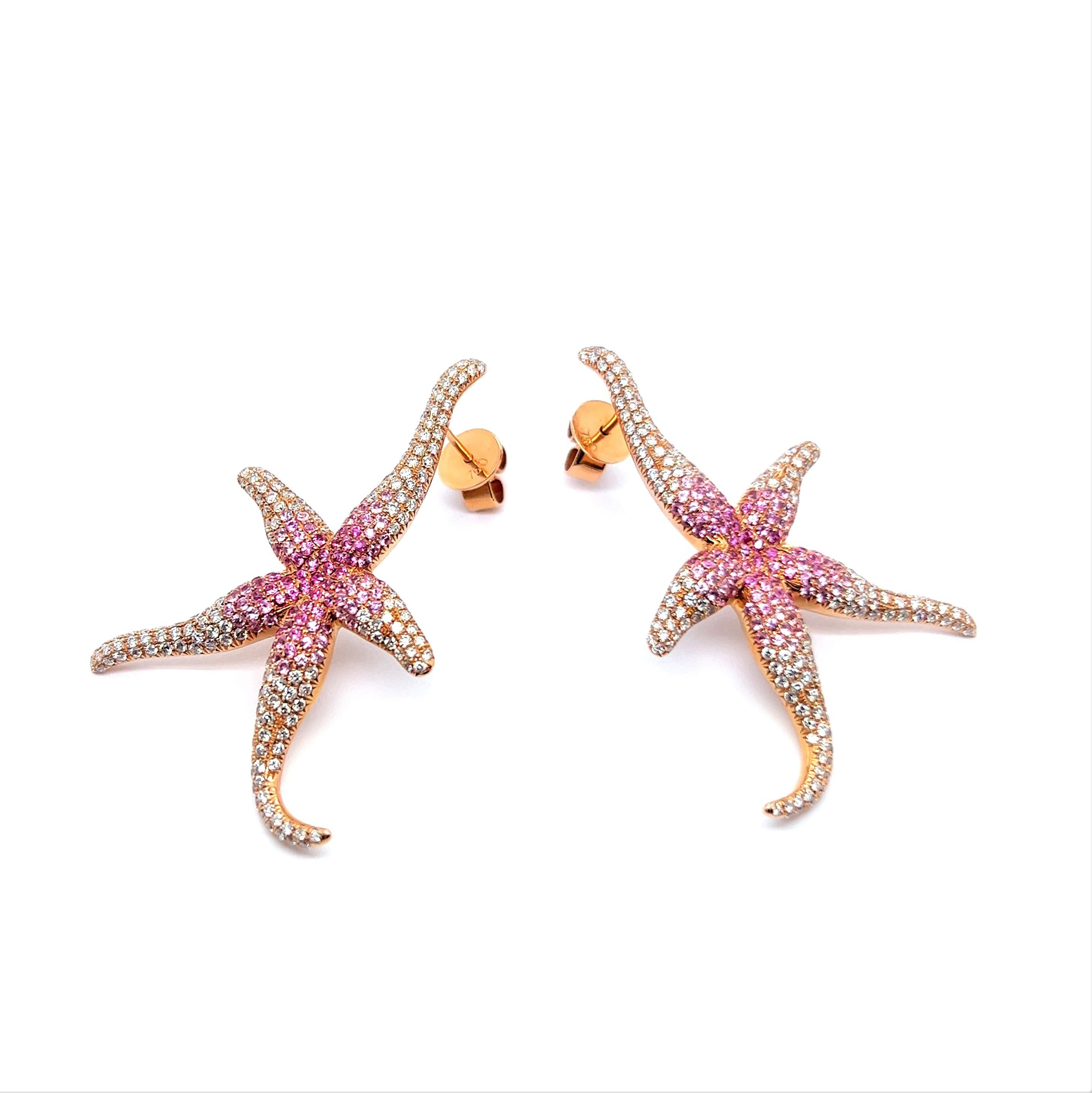 Women's or Men's Pink Sapphire and Diamond Sea Stars Earrings in 18 Karat Rose Gold For Sale
