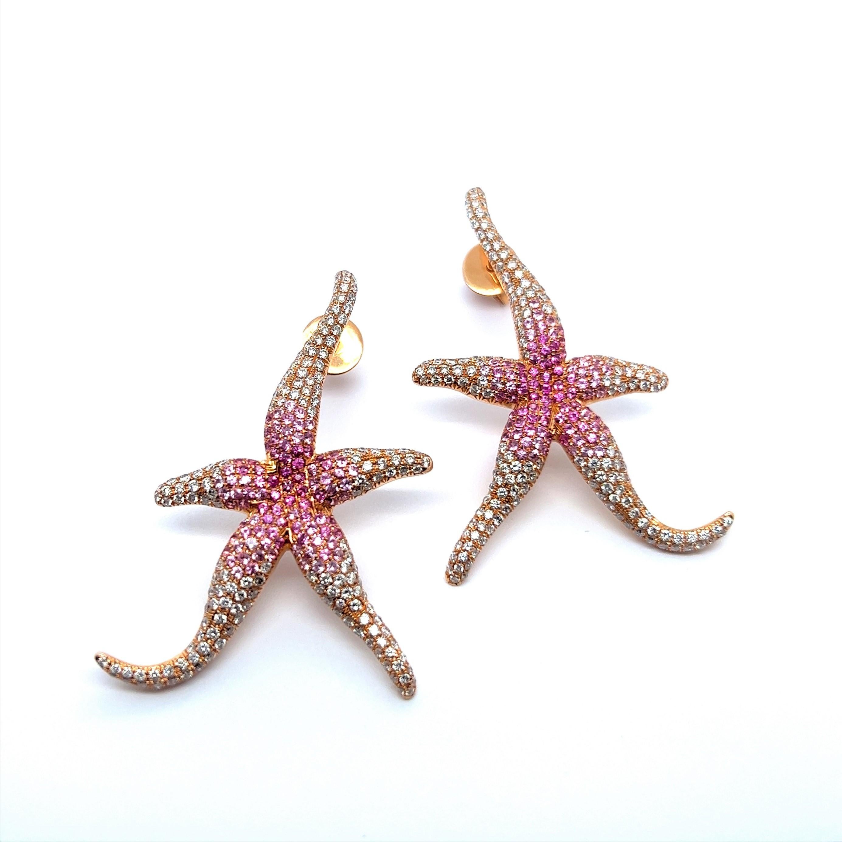 Pink Sapphire and Diamond Sea Stars Earrings in 18 Karat Rose Gold For Sale 1