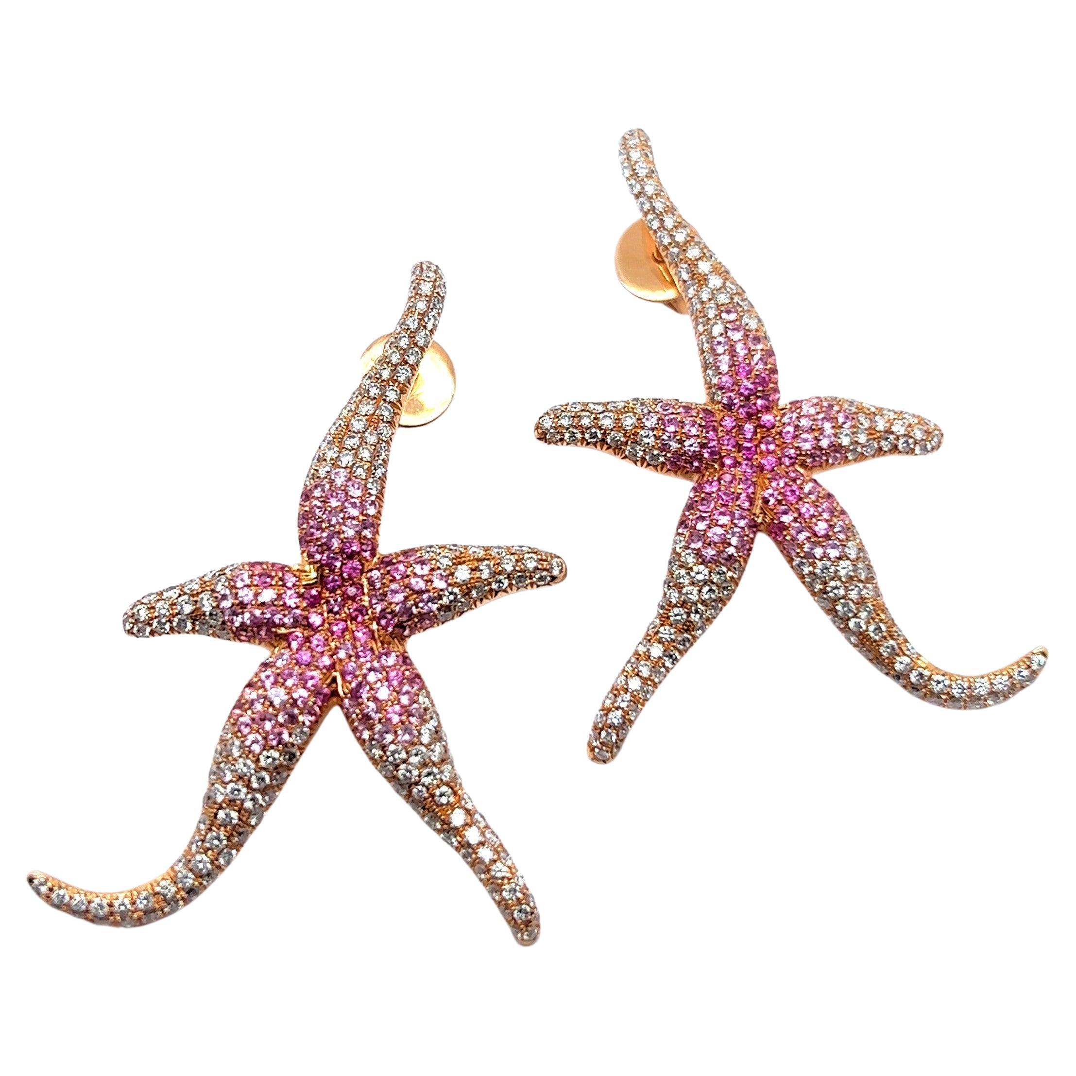 Pink Sapphire and Diamond Sea Stars Earrings in 18 Karat Rose Gold For Sale
