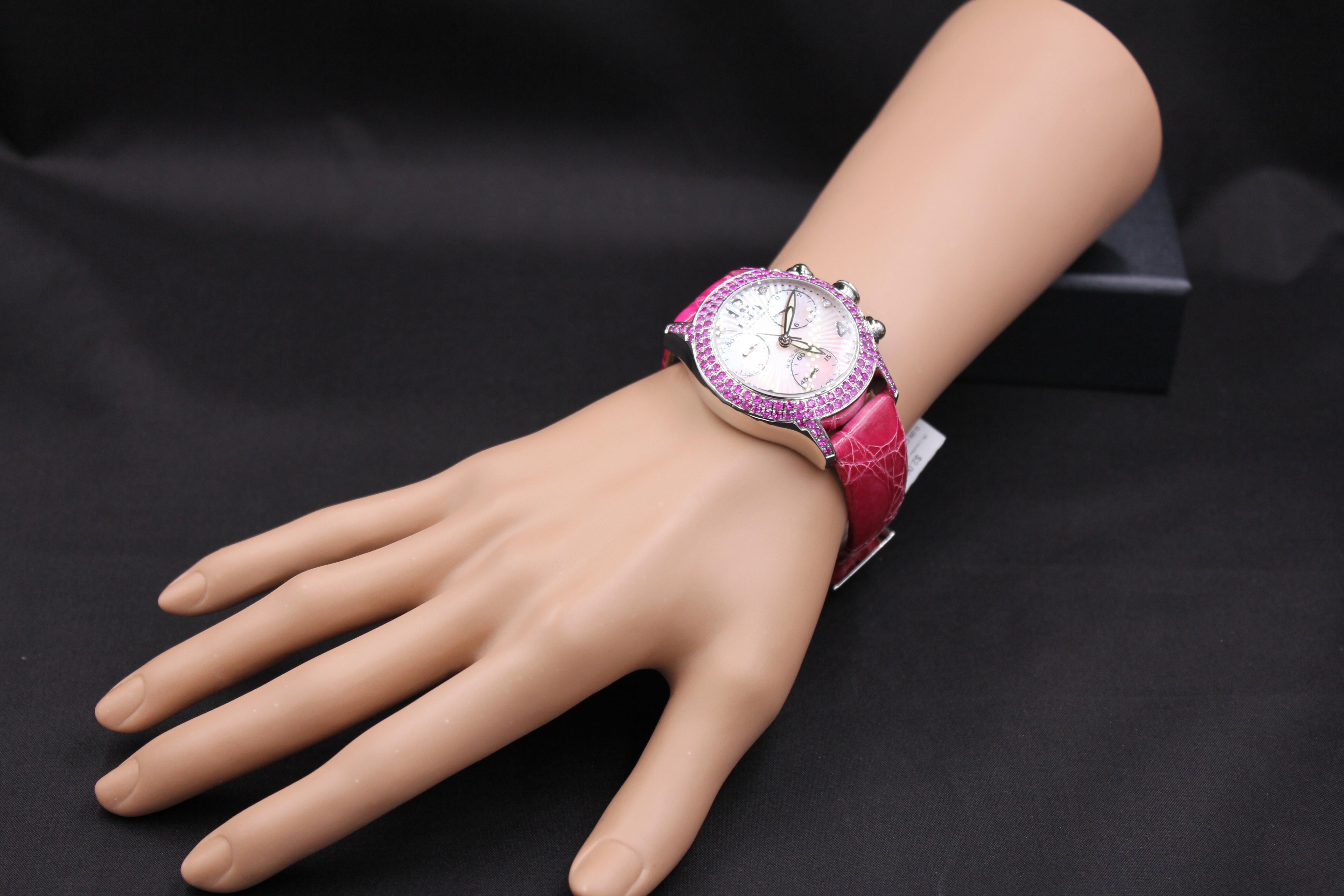 Modern Pink Sapphires & Diamond Pave Dial Luxury Swiss Quartz Exotic Leather Band Watch For Sale
