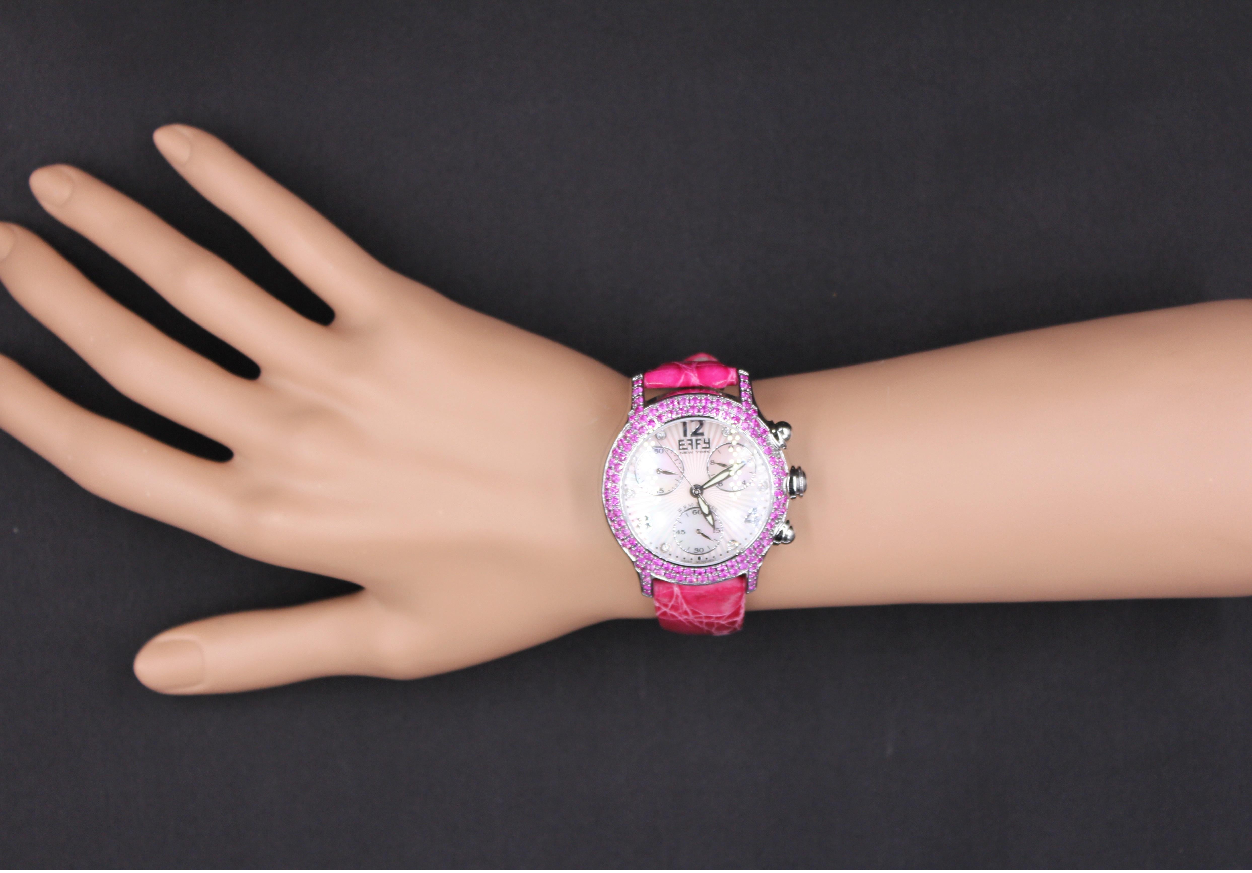 Luxus Schweizer Quarz Exotische Lederbanduhr mit rosa Saphiren und Diamanten, Pav-Zifferblatt Damen