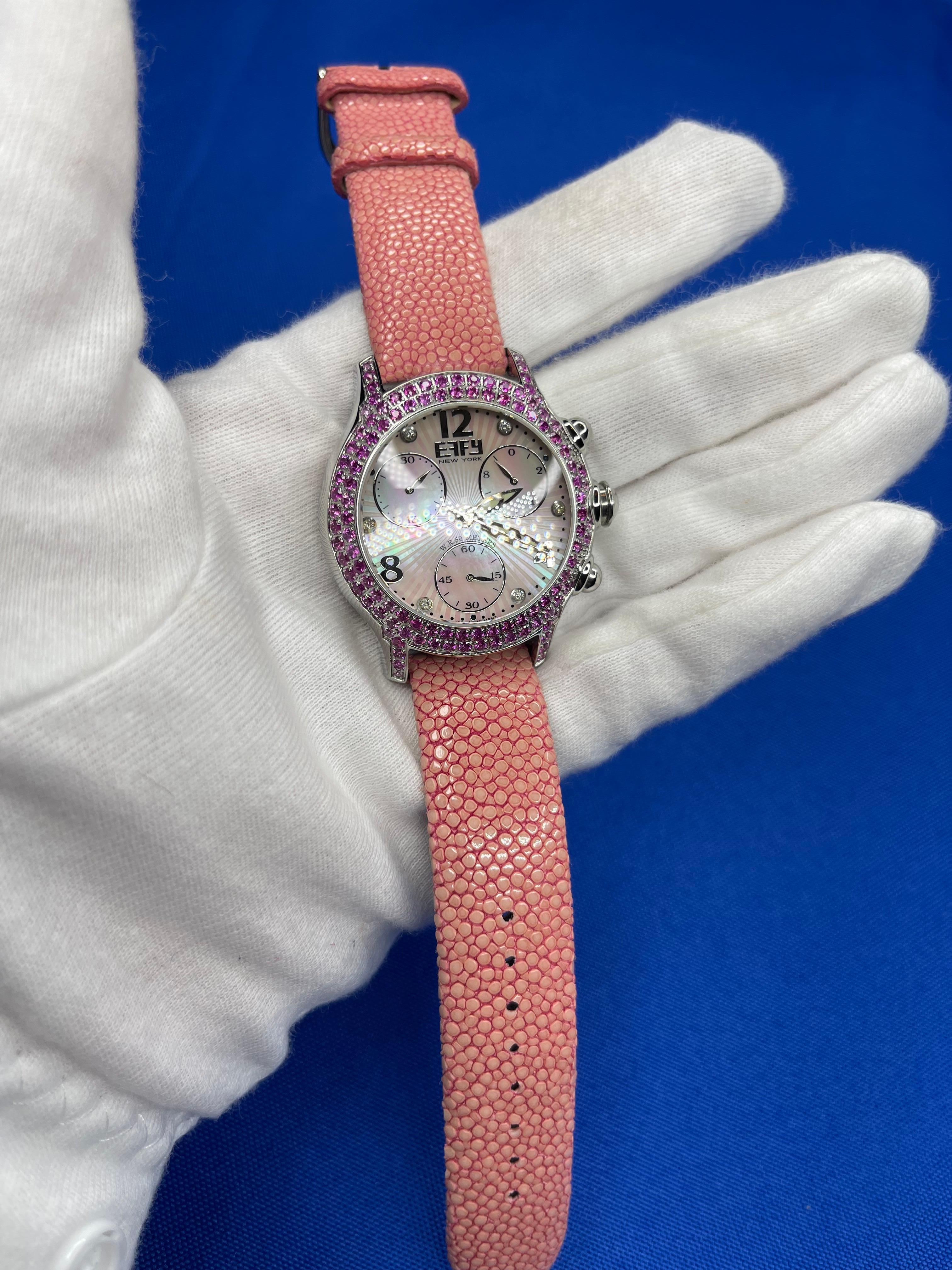 Pink Sapphires & Diamond Pave Dial Luxury Swiss Quartz Exotic Leather Band Watch For Sale 2