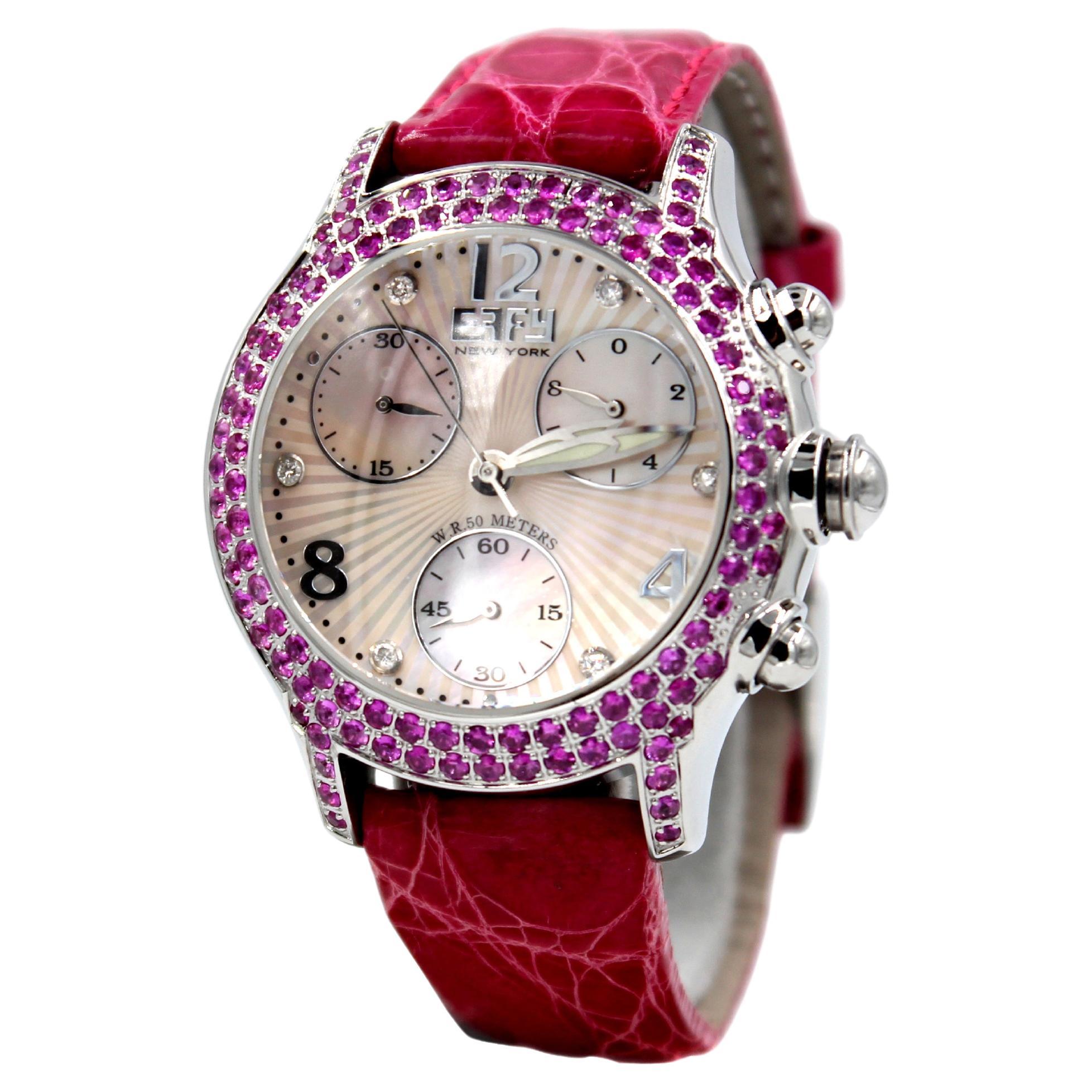 Luxus Schweizer Quarz Exotische Lederbanduhr mit rosa Saphiren und Diamanten, Pav-Zifferblatt im Angebot