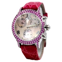 Pink Sapphires & Diamond Pave Dial Luxury Swiss Quartz Exotic Leather Band Watch