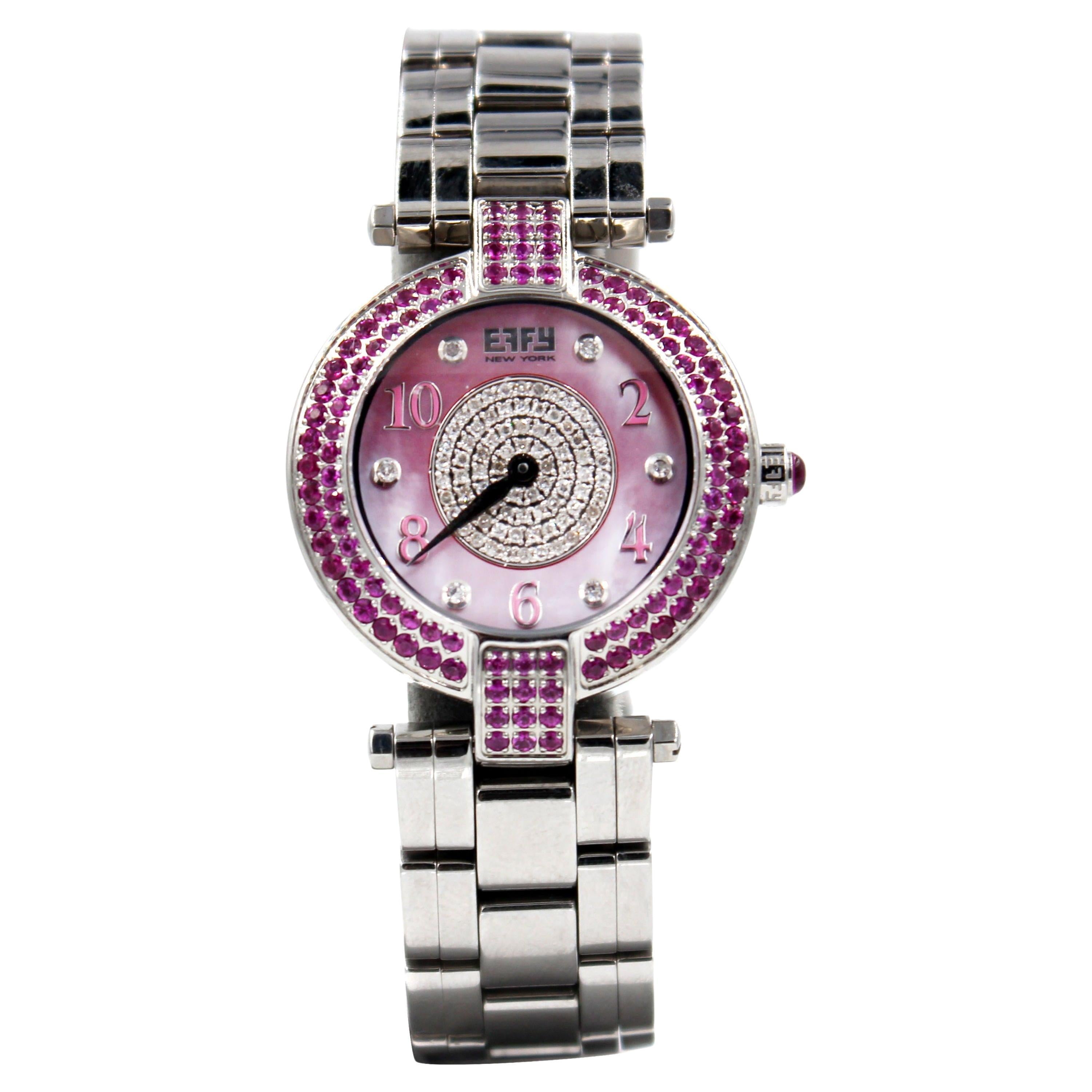 Exotische Schweizer Quarz-Uhr mit rosa Saphiren und Diamanten, Pav-Zifferblatt, 3,28 Tcw im Angebot