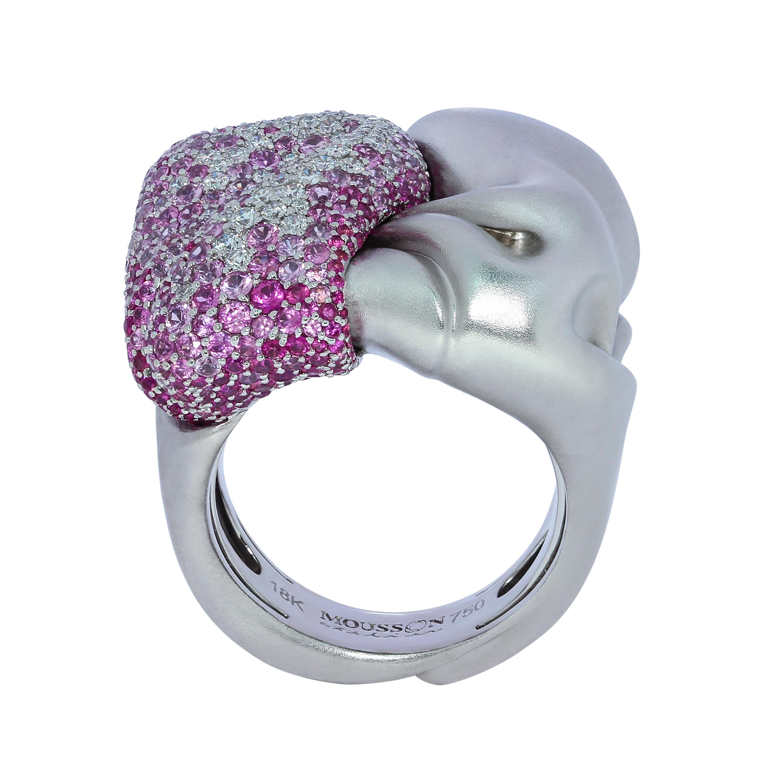 Pink Sapphires Diamonds 18 Karat White Gold Ring
Our collection is full of different textures and patterns. This time we decided to depict just a piece of crumpled fabric in the Ring. Half of the Ring is made of 18 Karat Matte White Gold, the second