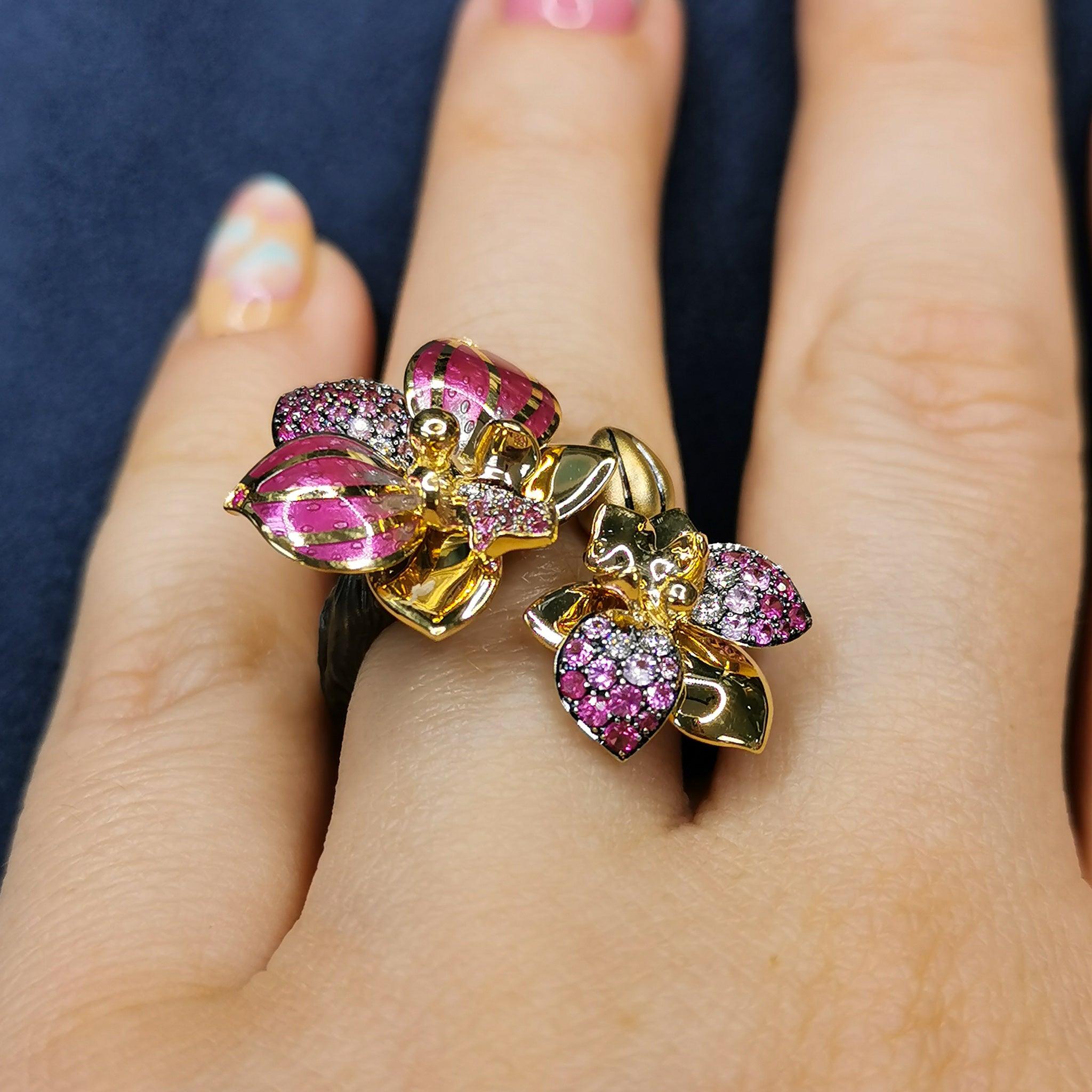 For Sale:  Pink Sapphires Diamonds 18 Karat Yellow Gold Enamel Orchid Ring 10