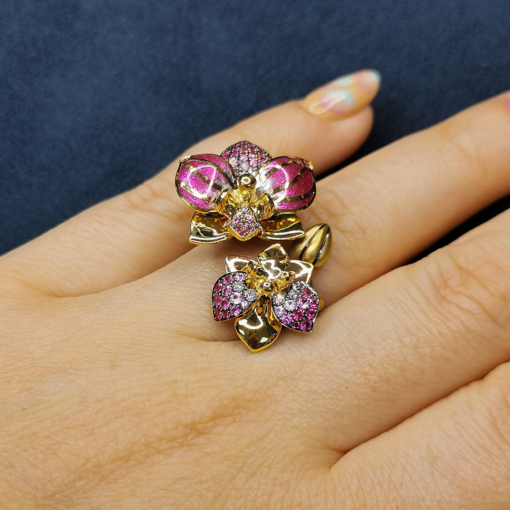 For Sale:  Pink Sapphires Diamonds 18 Karat Yellow Gold Enamel Orchid Ring 11
