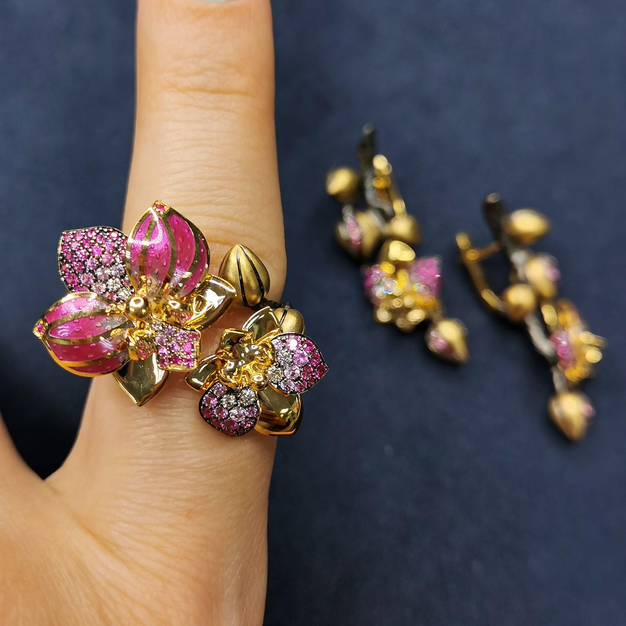 For Sale:  Pink Sapphires Diamonds 18 Karat Yellow Gold Enamel Orchid Ring 12