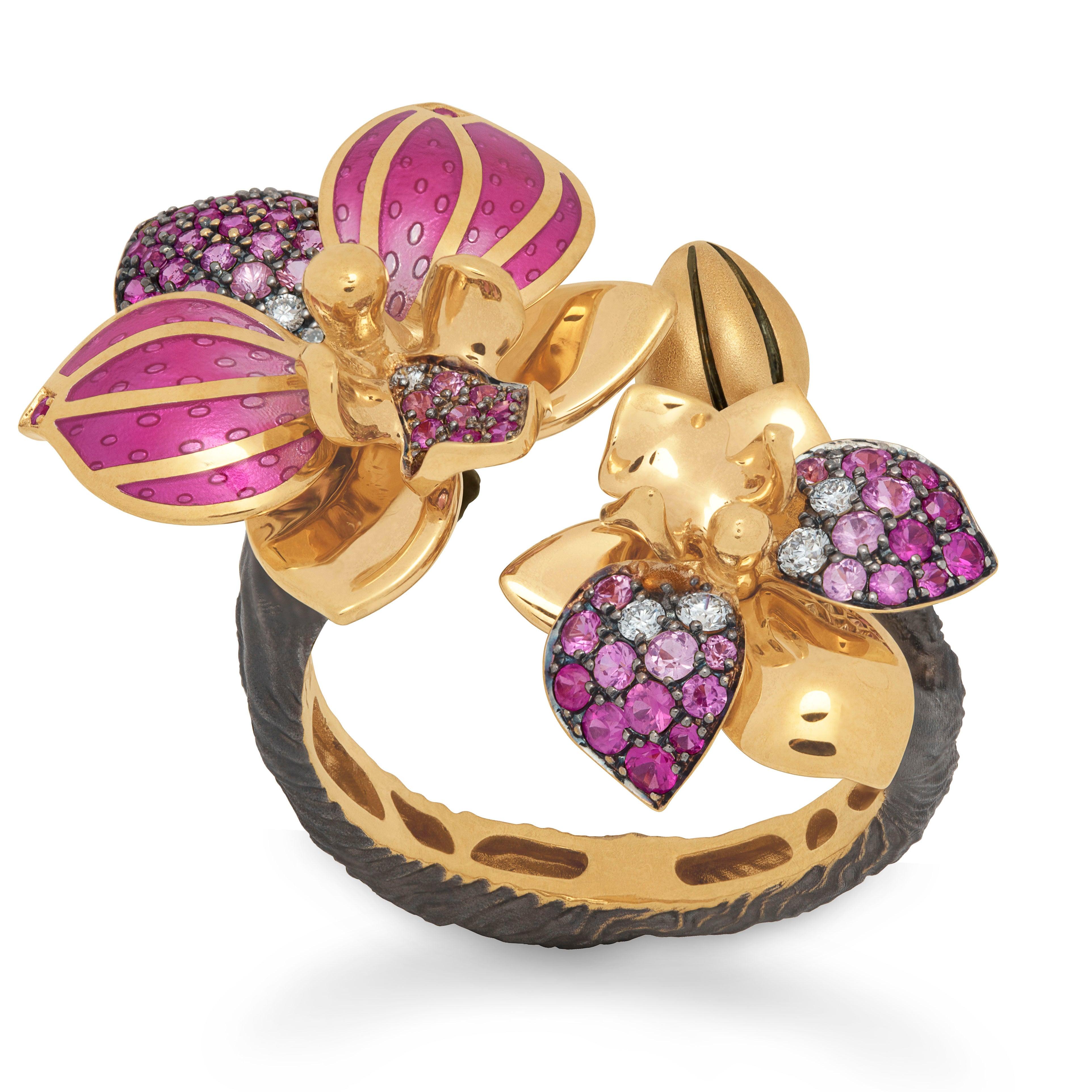For Sale:  Pink Sapphires Diamonds 18 Karat Yellow Gold Enamel Orchid Ring 2