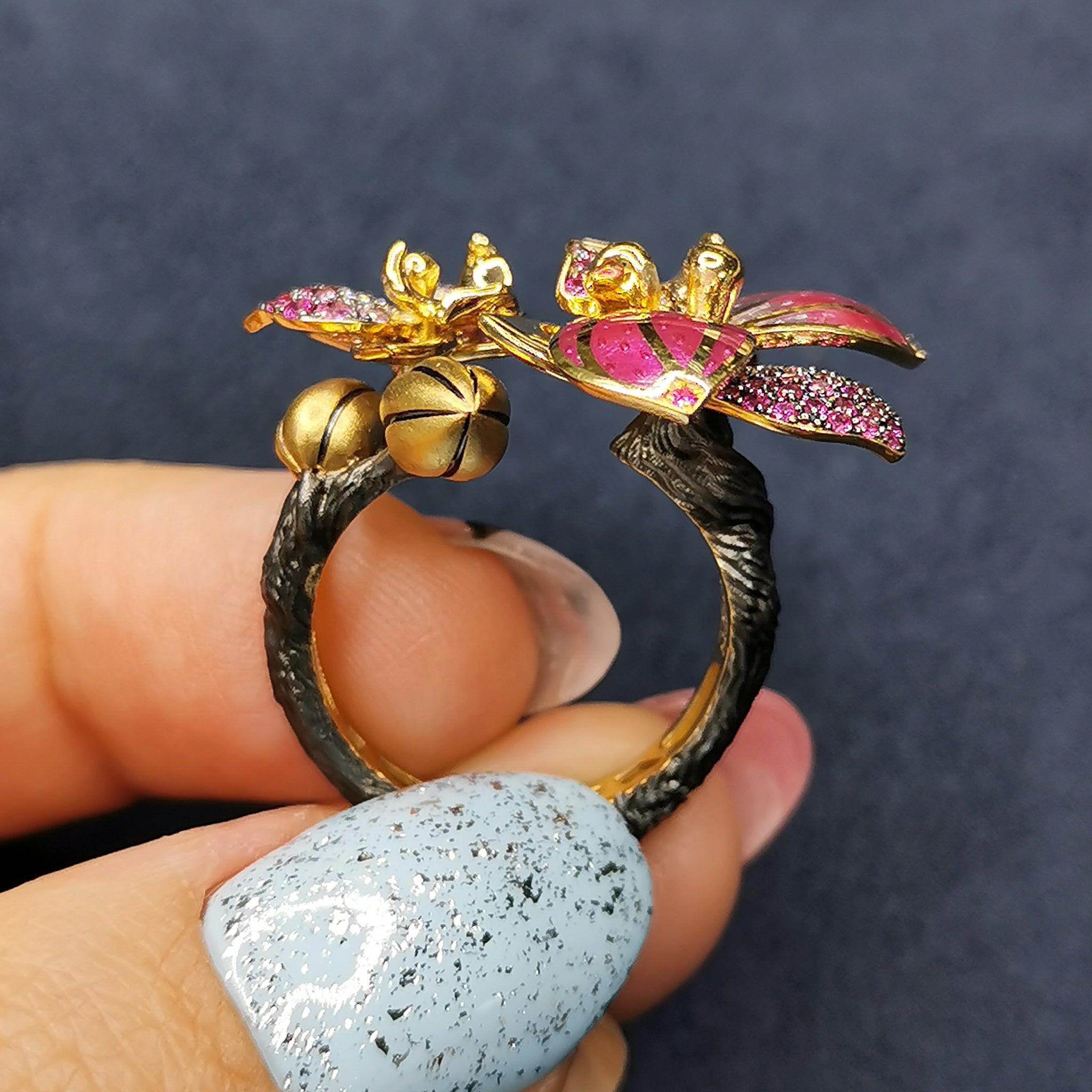 For Sale:  Pink Sapphires Diamonds 18 Karat Yellow Gold Enamel Orchid Ring 5