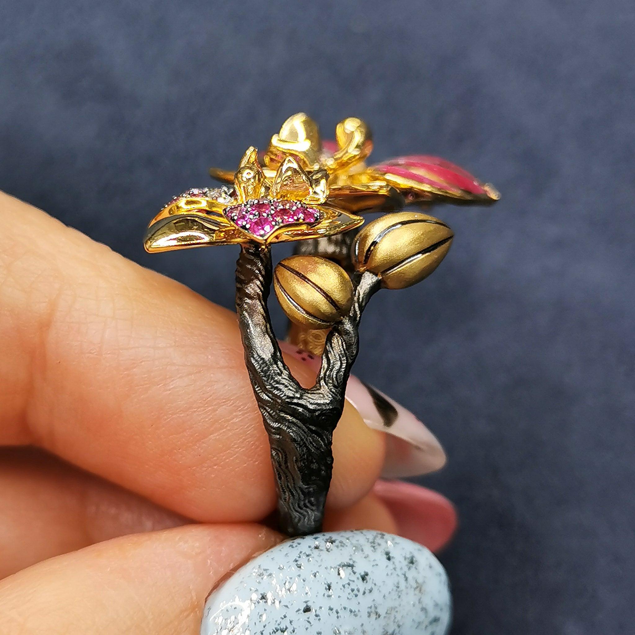 For Sale:  Pink Sapphires Diamonds 18 Karat Yellow Gold Enamel Orchid Ring 6