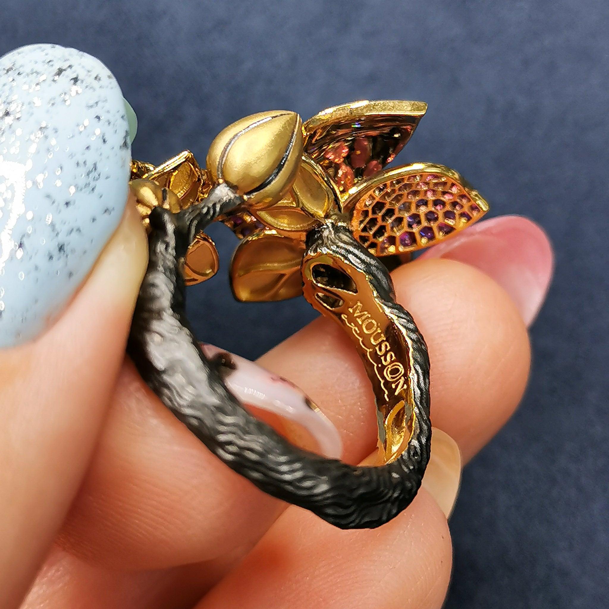Pink Sapphires Diamonds 18 Karat Yellow Gold Enamel Orchid Ring 8