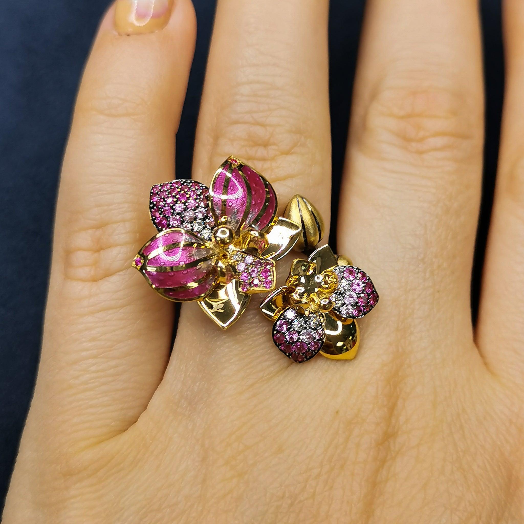 For Sale:  Pink Sapphires Diamonds 18 Karat Yellow Gold Enamel Orchid Ring 9